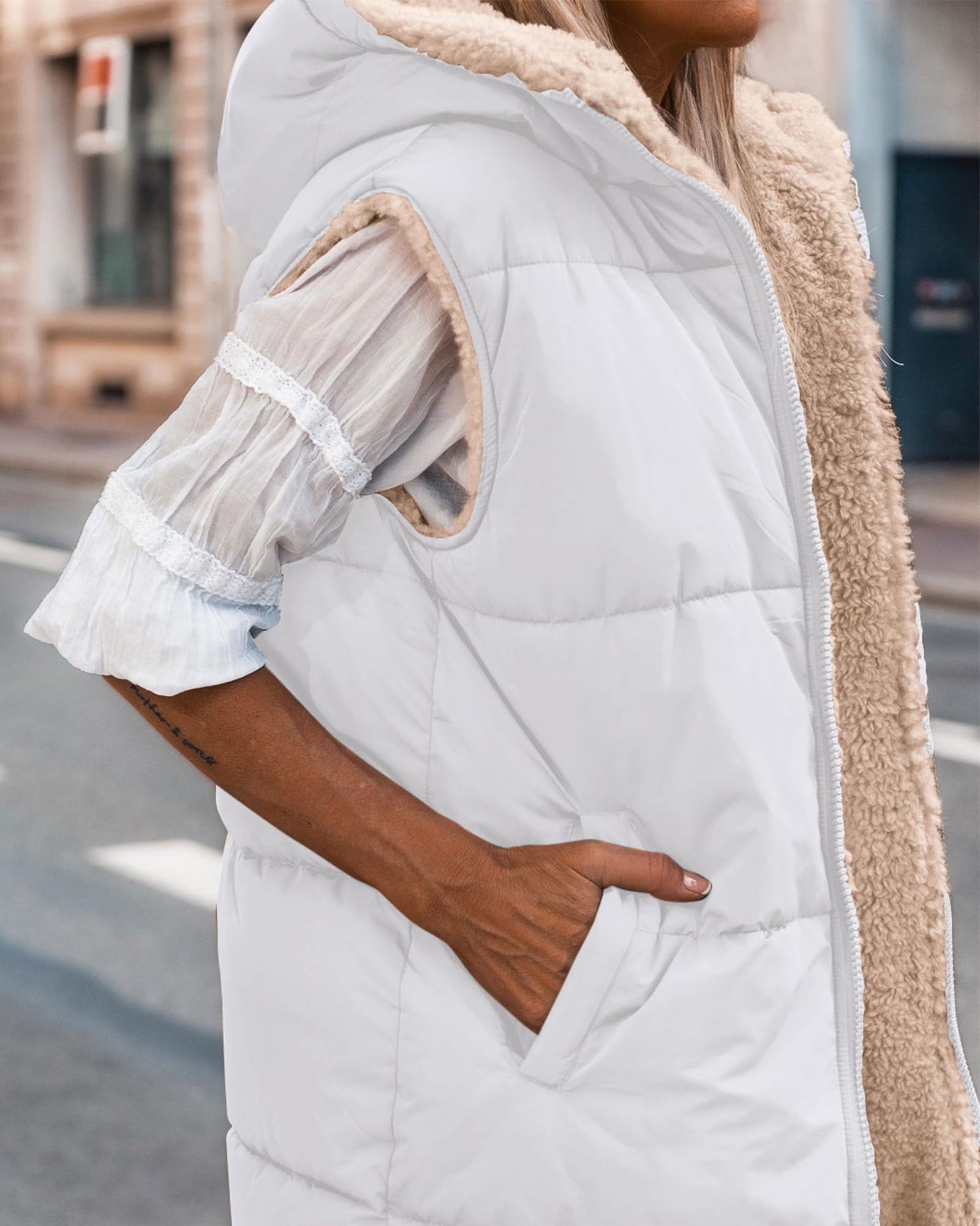BTFBM Long Puffer Vest Women Fleece Sherpa Jacket Sleeveless Hooded Reversible Zip Up Winter Coat Fall Vests Outerwear