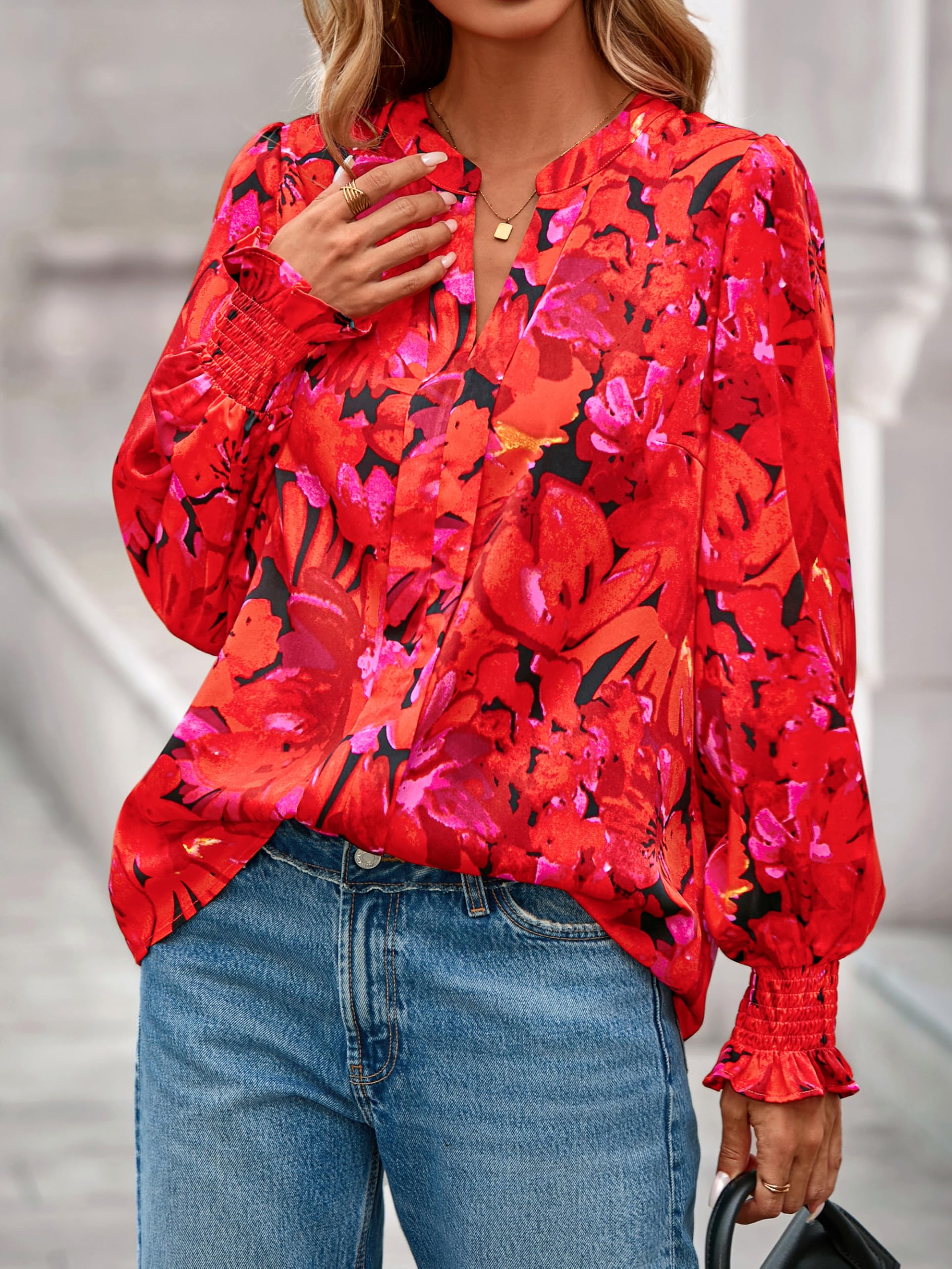 FreshPretty Womens Boho Floral Long Sleeve Tops Fall Fashion V Neck Loose Chiffon Work Blouses Dressy Casual Ruffle Shirts