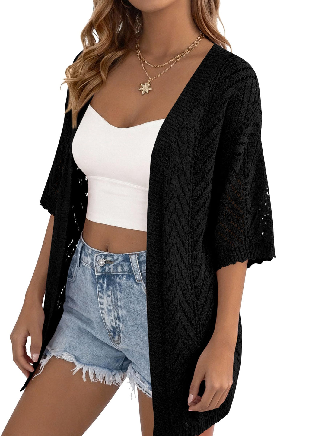 PRETTYGARDEN Women's Lightweight Summer Cardigans Short Sleeve Knit Crochet Coverups Spring Boho Beach Vacation Clothes