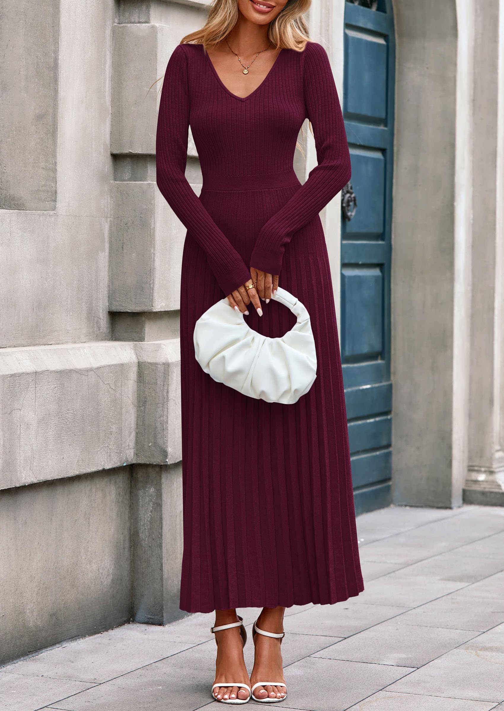 PRETTYGARDEN Women Sweater Dress Fall Fashion Long Sleeve V Neck Ribbed Knit Pleated A Line Elegant Maxi Winter Dresses