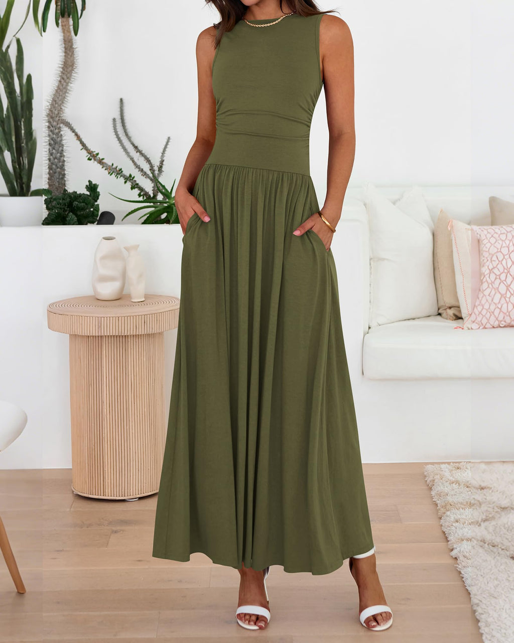 BTFBM Summer Maxi Dresses for Women Spring Sleeveless Casual Ruched High Waisted Long Sundress Flowy Beach Dress