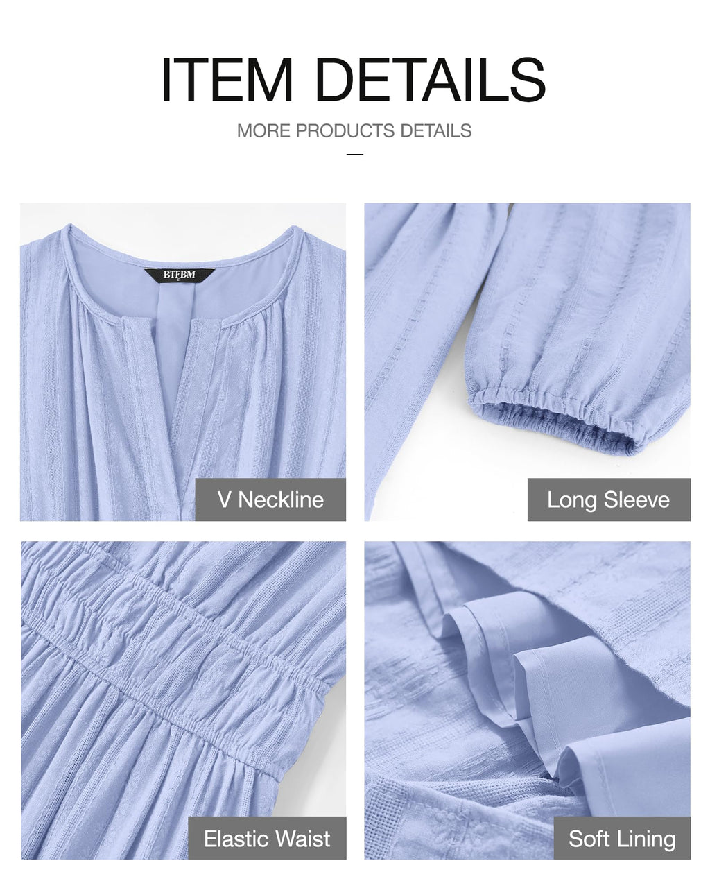 BTFBM Spring Dresses for Women 2026 Casual Long Sleeve V Neck Elastic Waist Lightweight Maxi Wedding Guest Dress Pockets