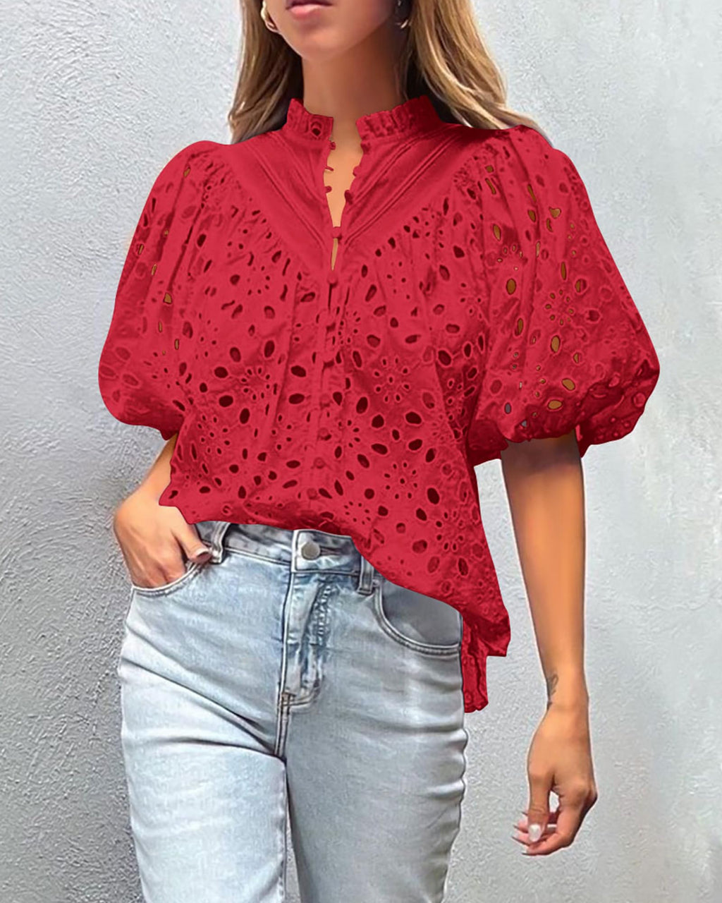 PRETTYGARDEN Women's Summer Tops Dressy Casual Short Sleeve V Neck Buttons Hollow Out Lace Embroidered Blouses Shirts