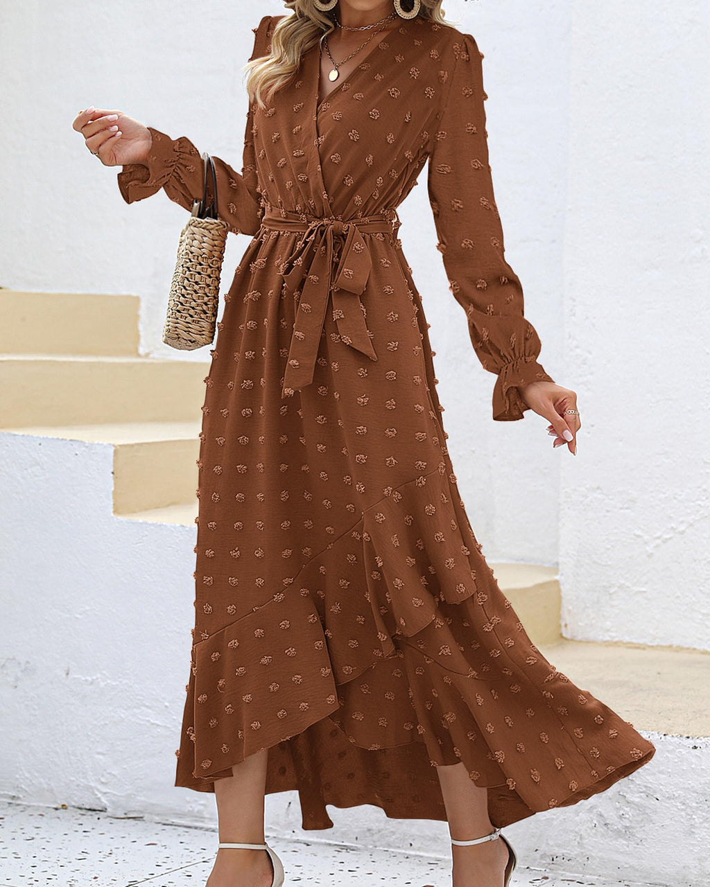 FreshPretty Long Sleeve Maxi Dresses for Women V Neck Swiss Dot Boho Flowy Slit Cocktail Wedding Guest Dress Fall Clothes
