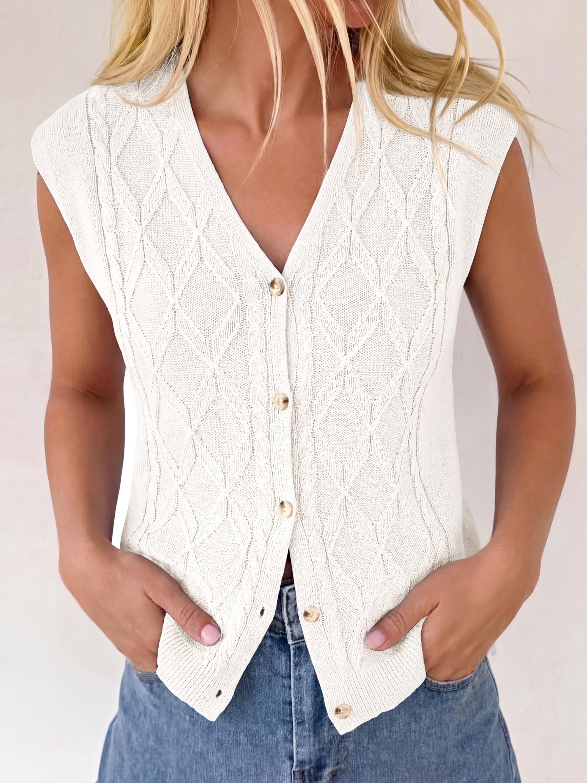 BTFBM Vest Tops for Women Summer V Neck Button Loose Lightweight Cardigan Knit Cap Sleeve Sweater Vests Fashion Clothing