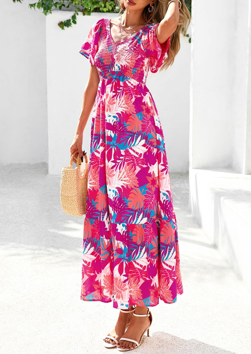 PRETTYGARDEN Boho Dresses for Women Summer Floral Short Sleeve V Neck Smocked Flowy Beach Vacation Maxi Dress