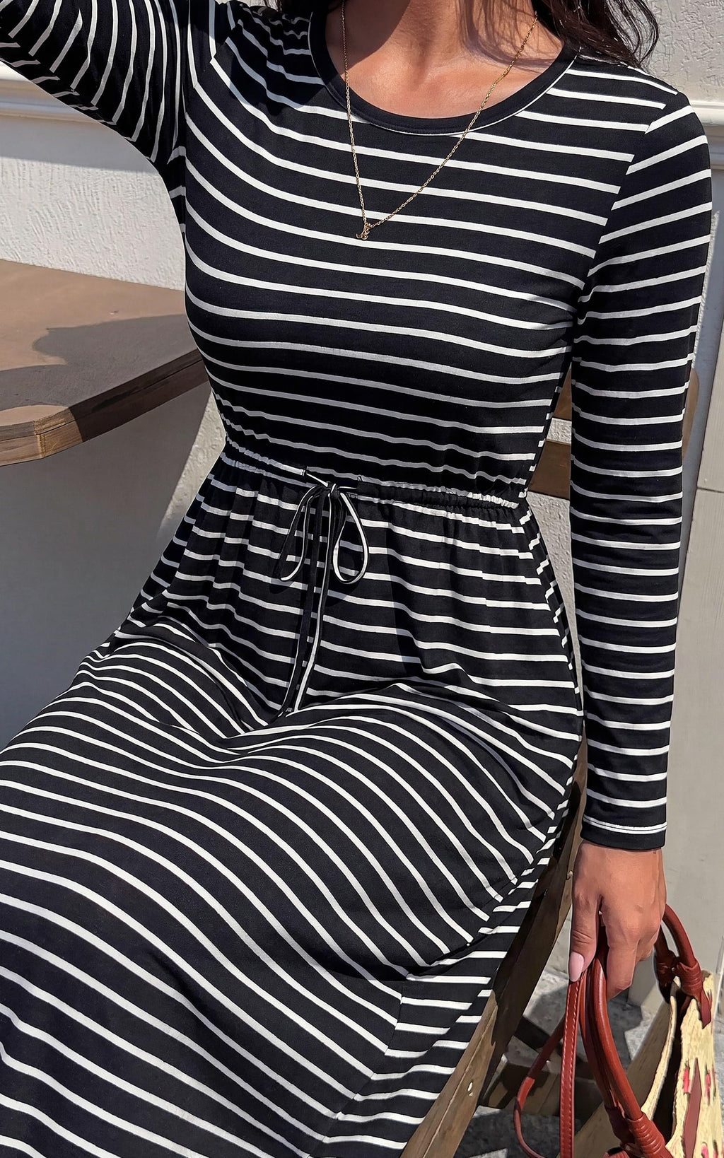 FreshPretty Long Sleeve Maxi Dresses for Women Fall Casual Loose Striped Dress|Cotton T Shirt Dress, Loose Fit Dress with Pocket, Business Casual Work Teacher, Fall Outfits