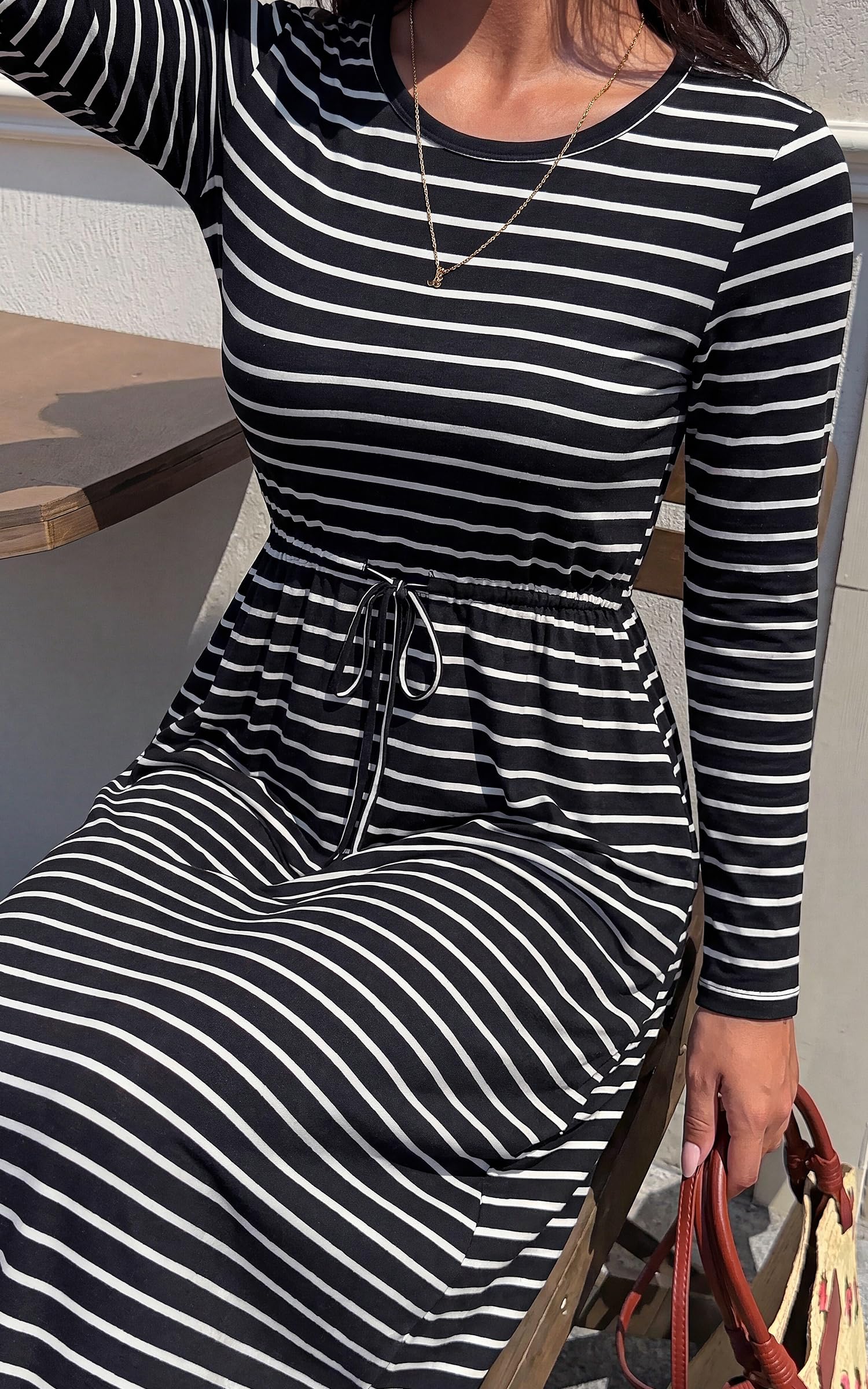FreshPretty Long Sleeve Maxi Dresses for Women Fall Casual Loose Striped Dress|Cotton T Shirt Dress, Loose Fit Dress with Pocket, Business Casual Work Teacher, Fall Outfits