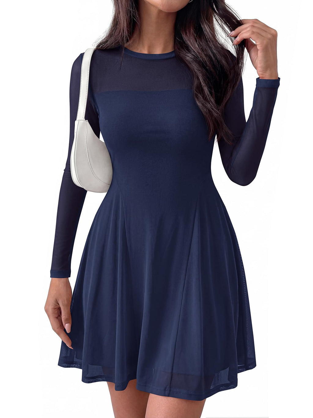 BTFBM Women’s Mini Dress Sheer Mesh Long Sleeve Crew Neck Flowy A Line Casual Cocktail Party Going Out Dresses Fall