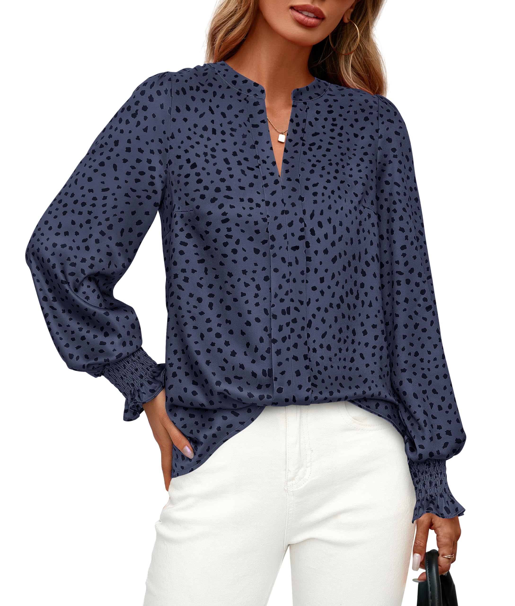 FreshPretty Womens Boho Floral Long Sleeve Tops Fall Fashion V Neck Loose Chiffon Work Blouses Dressy Casual Ruffle Shirts