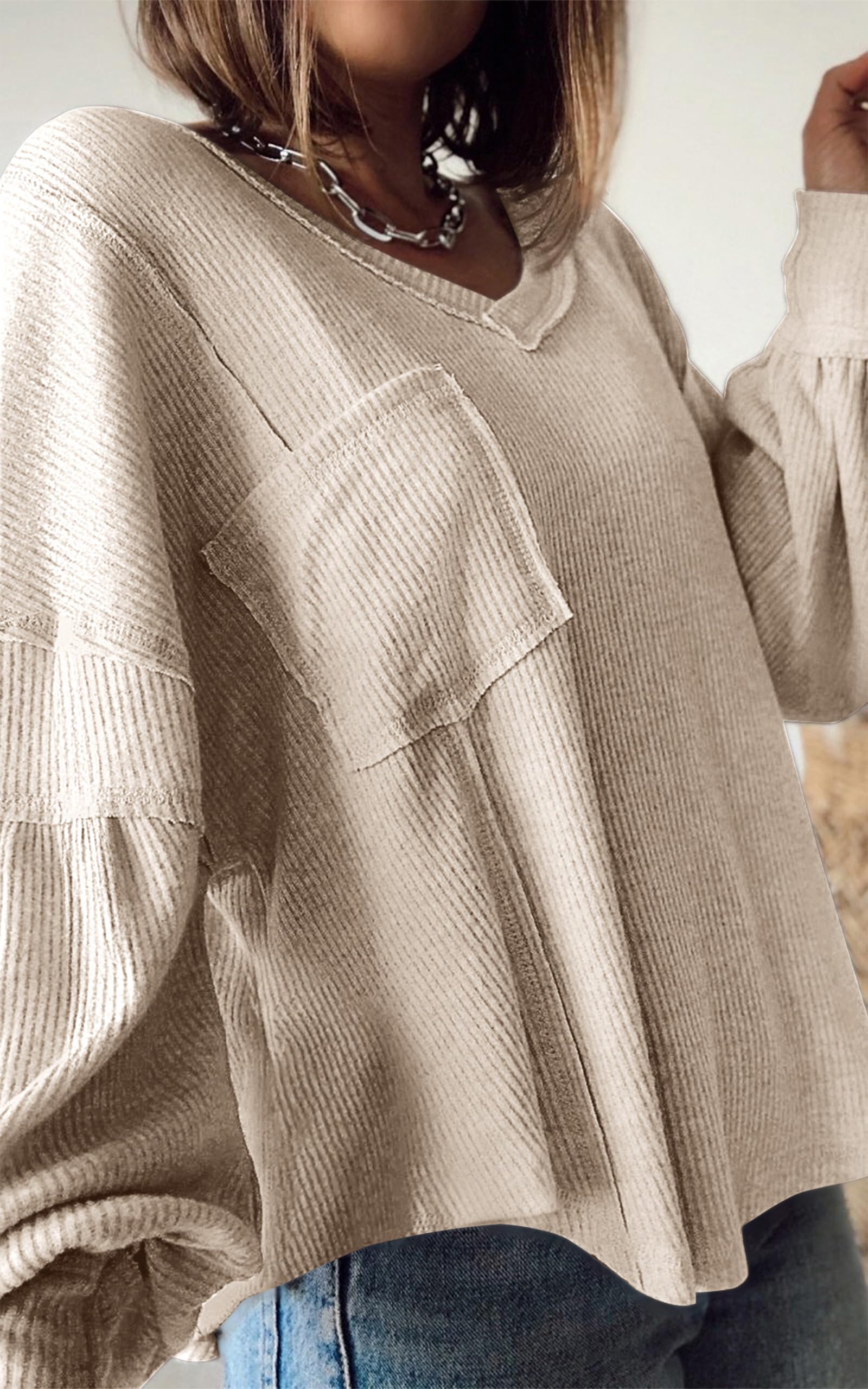 FreshPretty Womens Fall Fashion Long Sleeve Shirts Casual V Neck Ribbed Knit Blouses Pullover Trendy Loose Fit Tunic Tops