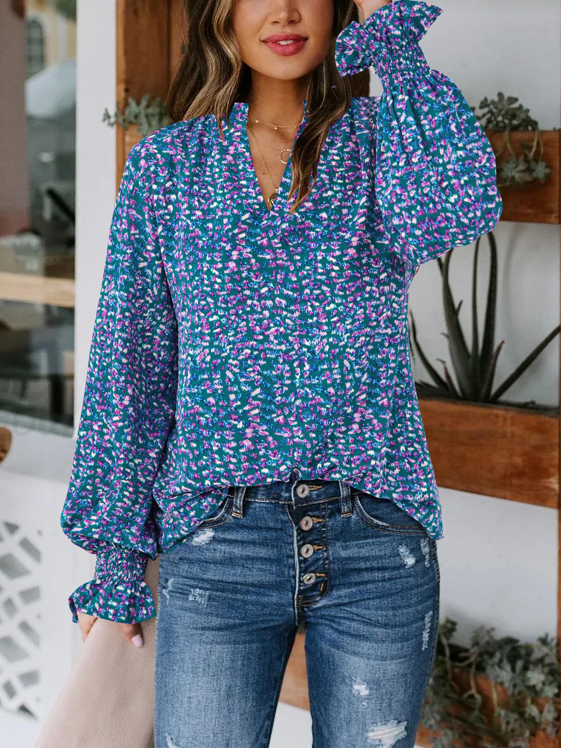 FreshPretty Womens V Neck Floral Long Sleeve Tops Summer Casual Loose Puff Sleeve Chiffon Boho Work Blouse Dressy T Shirts