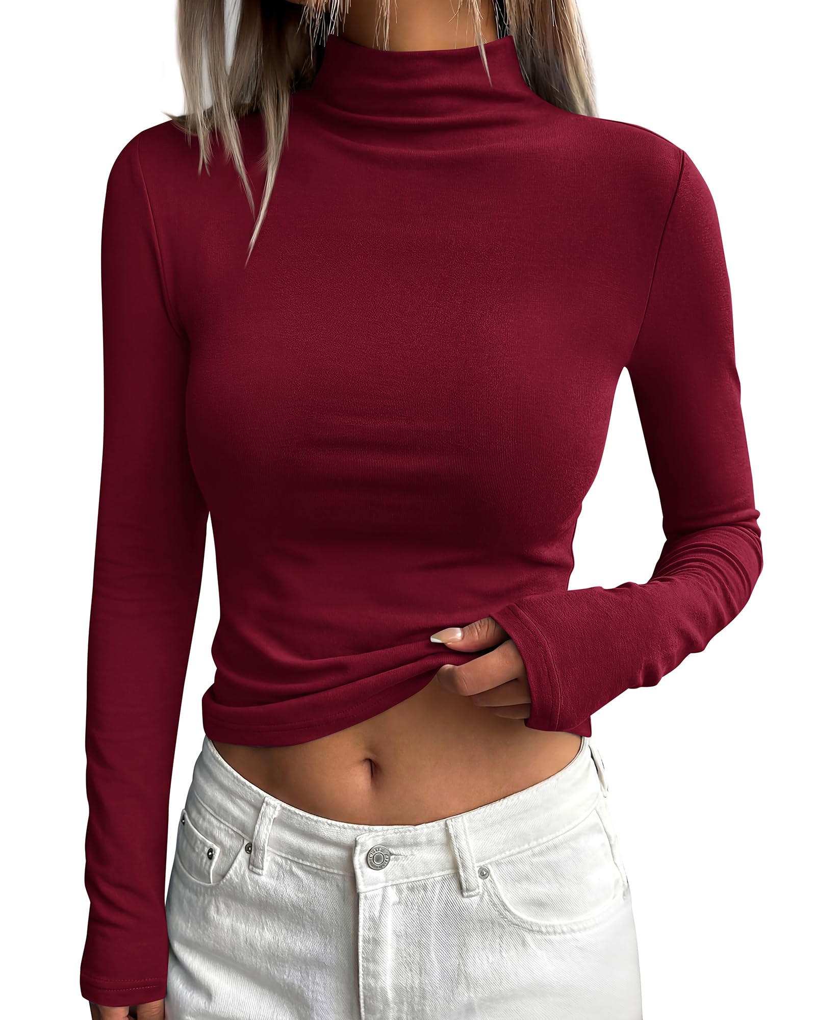 BTFBM Mock Tops for Women Fitted Long Sleeve Shirts Fall Fashion Clothing Thermal Layering Undershirts Going Out Outfits