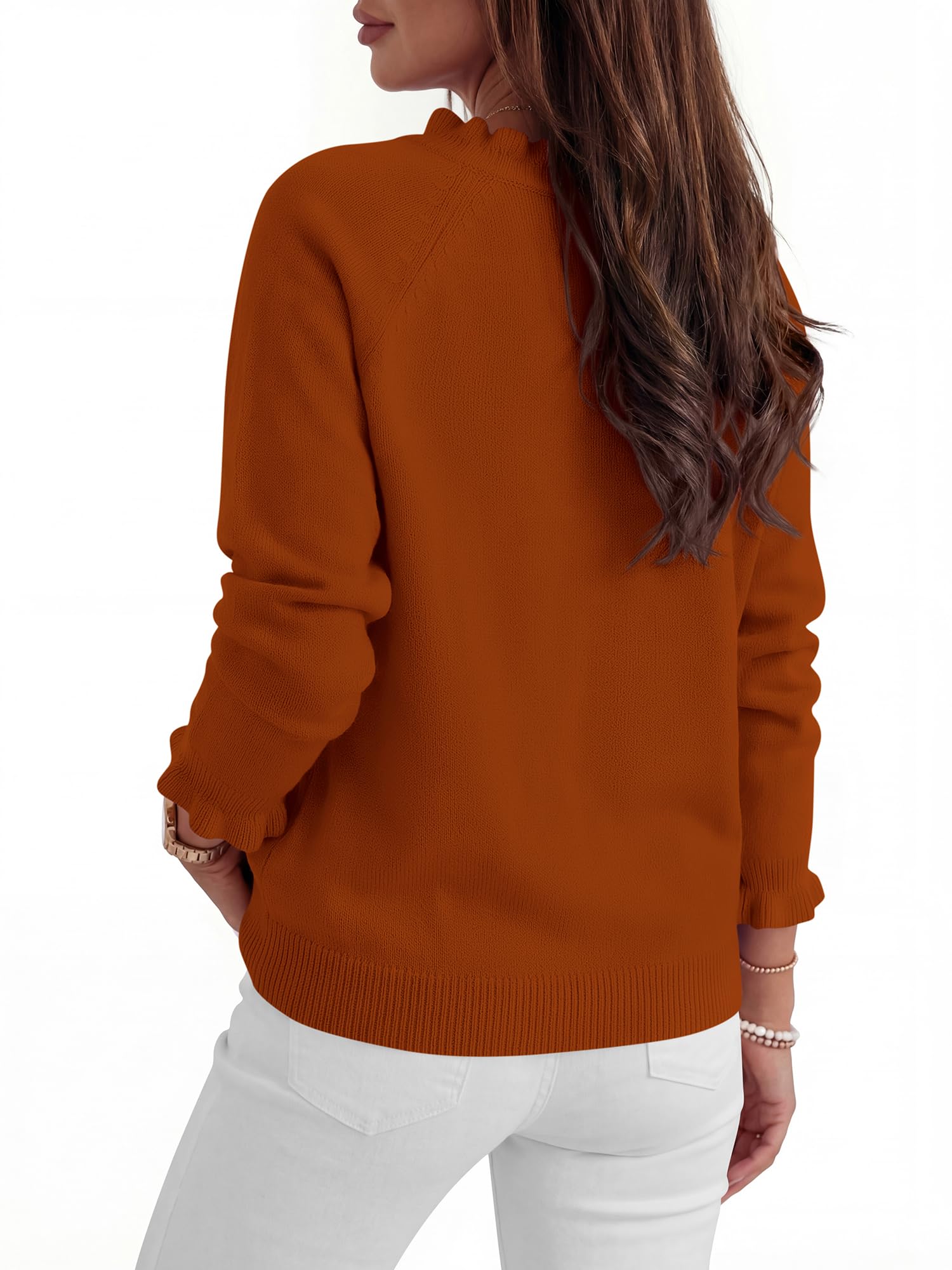 BTFBM Womens Sweaters Fall Winter Clothes Long Sleeve Button Down Ruffle Crew Neck Casual Knitted Pullover Tops