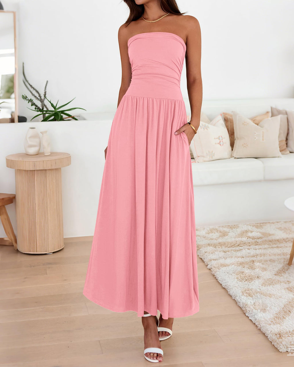 BTFBM Summer Maxi Dresses for Women Strapless Ruched Tube Top Beach Vacation Spring Wedding Guest Dress Pockets