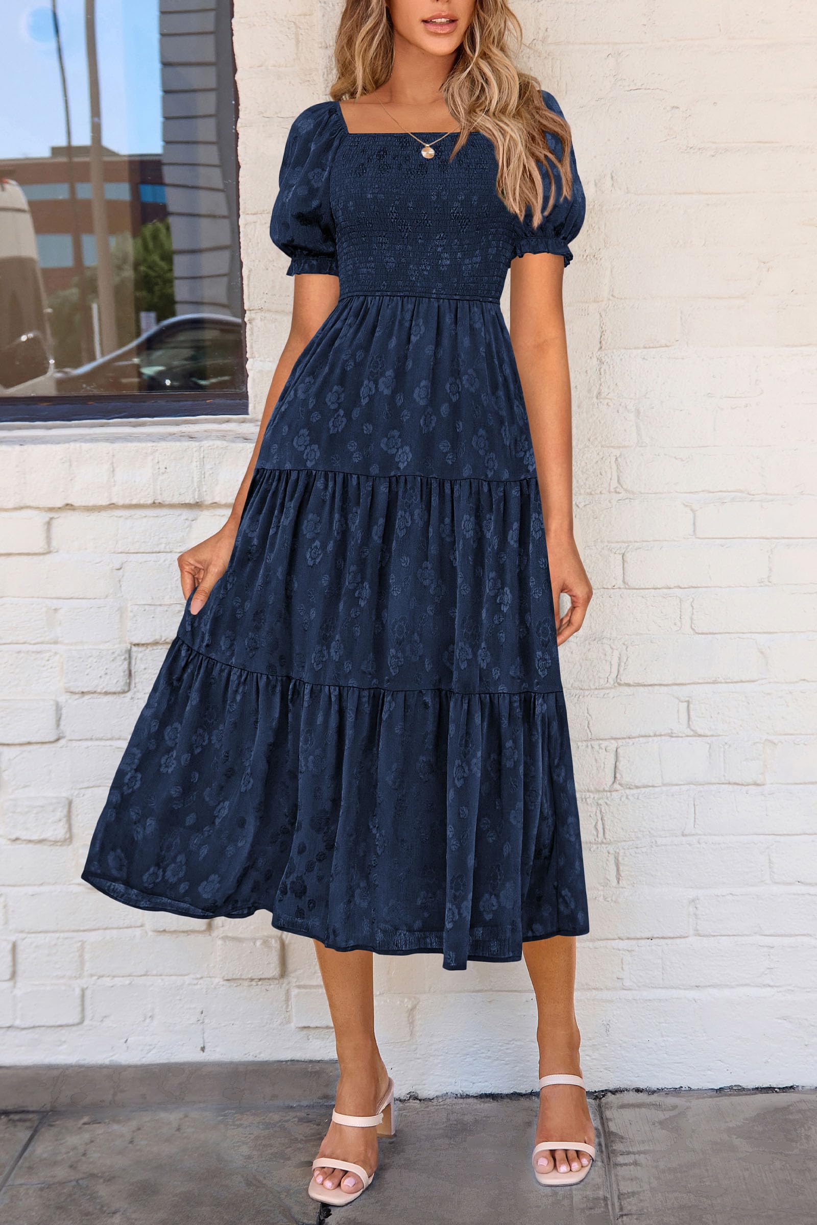 PRETTYGARDEN Women's Summer Casual Midi Dresses Square Neck Short Sleeve Smocked A Line Floral Flowy Elegant Boho Dress