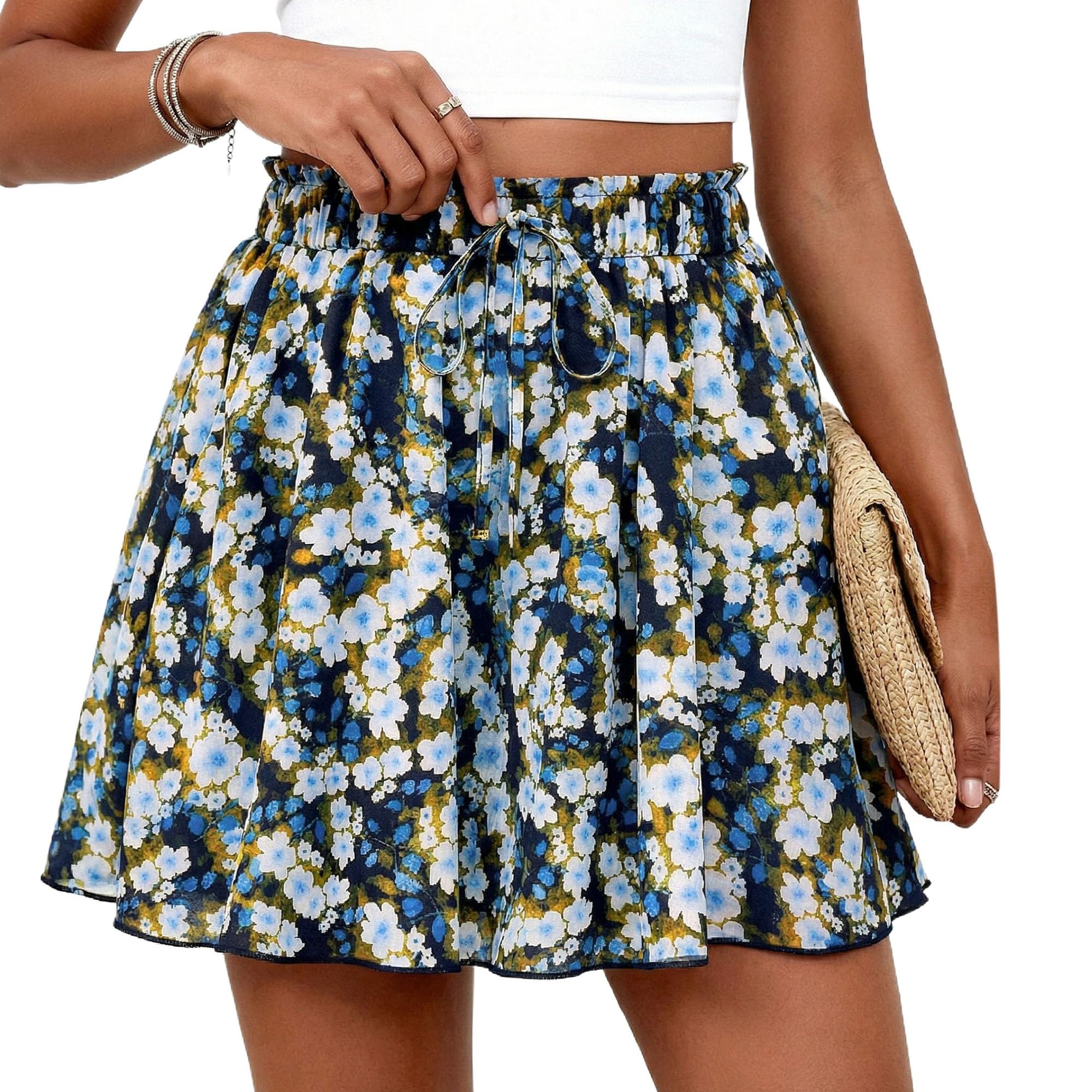 PRETTYGARDEN Women's Flowy Shorts Summer Fashion Beach Vacation Clothes Casual High Waist Wide Leg Ruffle Shorts