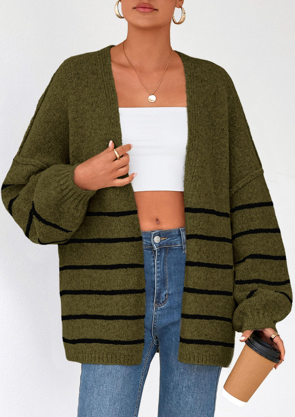 PRETTYGARDEN Womens Oversized Cardigan Sweaters Fall Long Lantern Sleeve Knit Open Front Lightweight Sweater