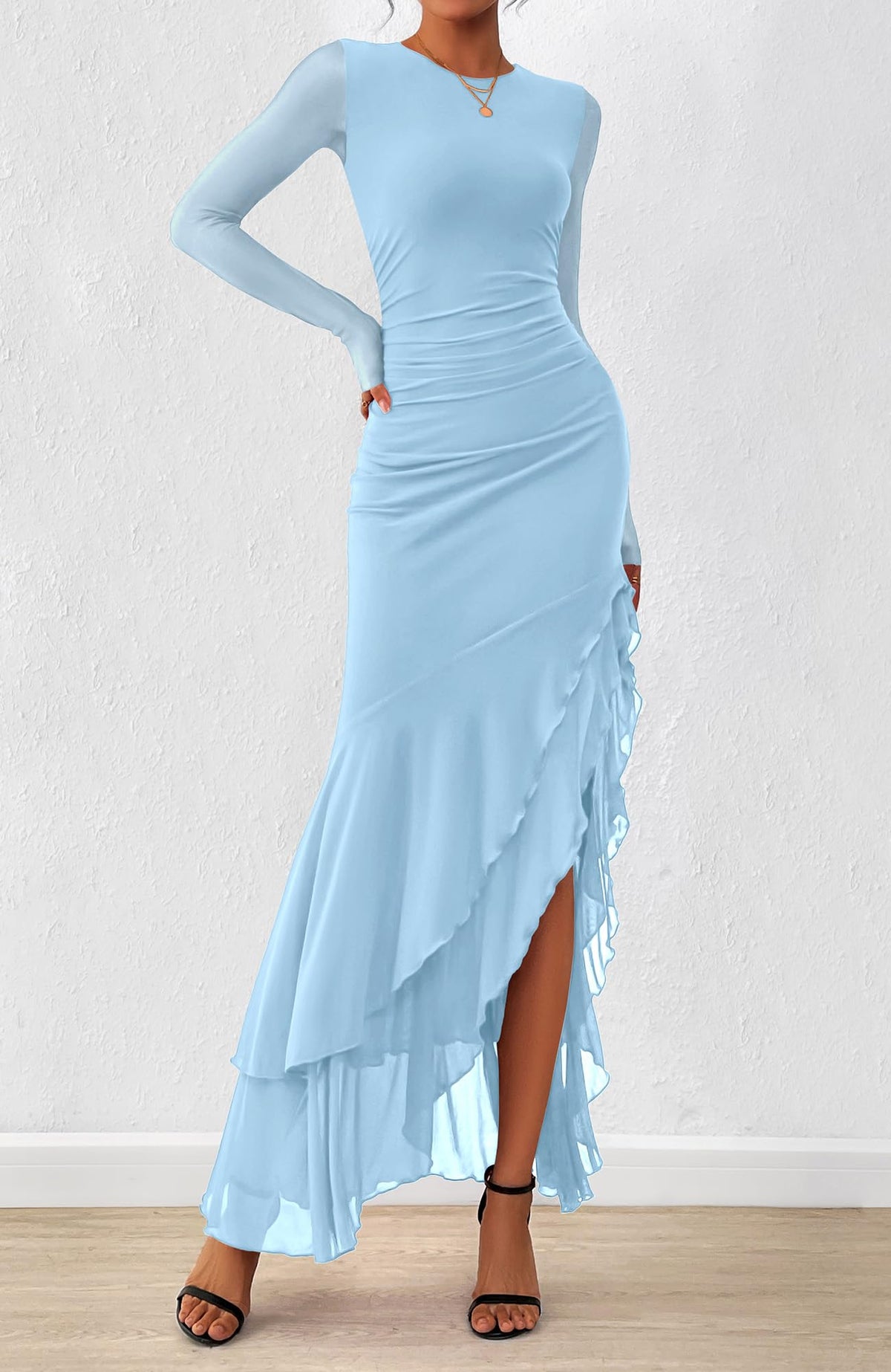BTFBM Women's Maxi Dresses Fall Long Sleeve Wedding Guest Dress Mesh,Ruched,Bodycon,High Split,Solid Color,Ruffle, Mermaid,Cocktail Dresses,Prom,Party,Homecoming Dress,Fall Outfits