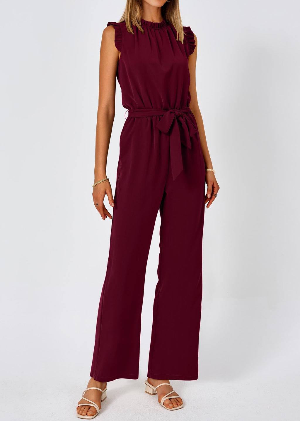 FreshPretty Jumpsuits For Women Dressy Summer One Piece Sleeveless Ruffle Mock Neck Belt Pockets Formal Wide Leg Pants Romper
