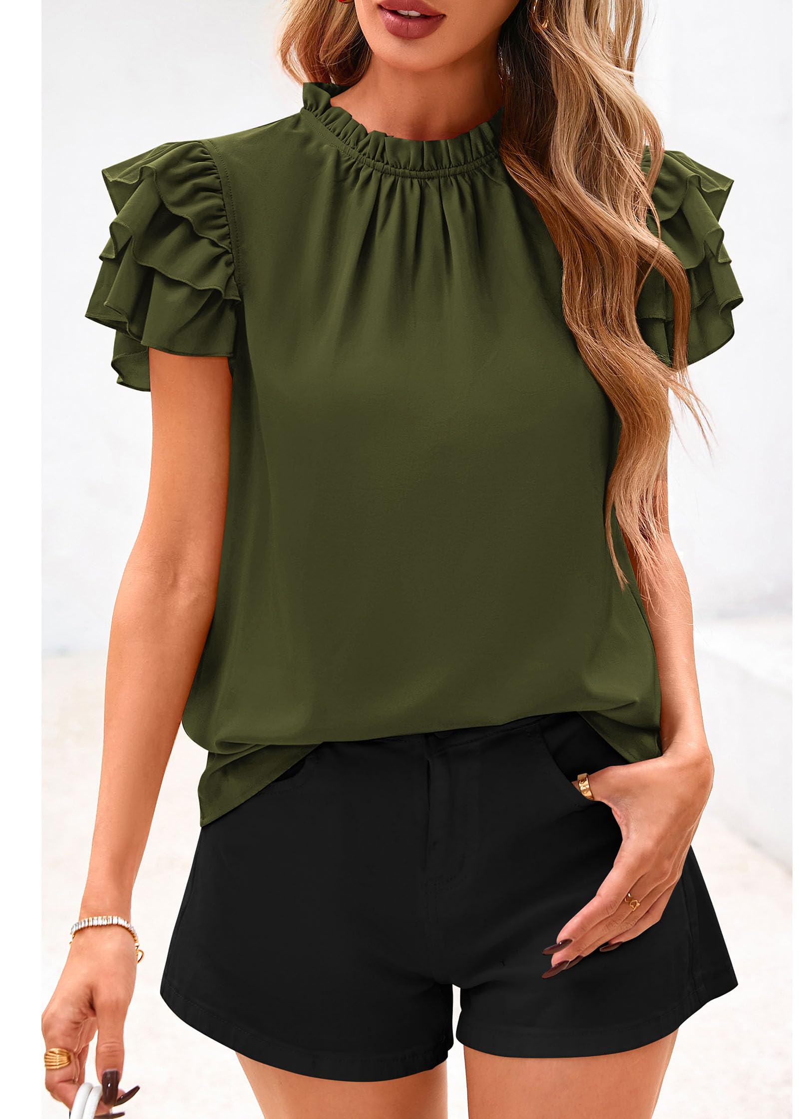 FreshPretty Blouses for Women Dressy Casual Spring Summer Ruffle Short Sleeve Mock Neck Work Shirts Tops Fashion Clothing