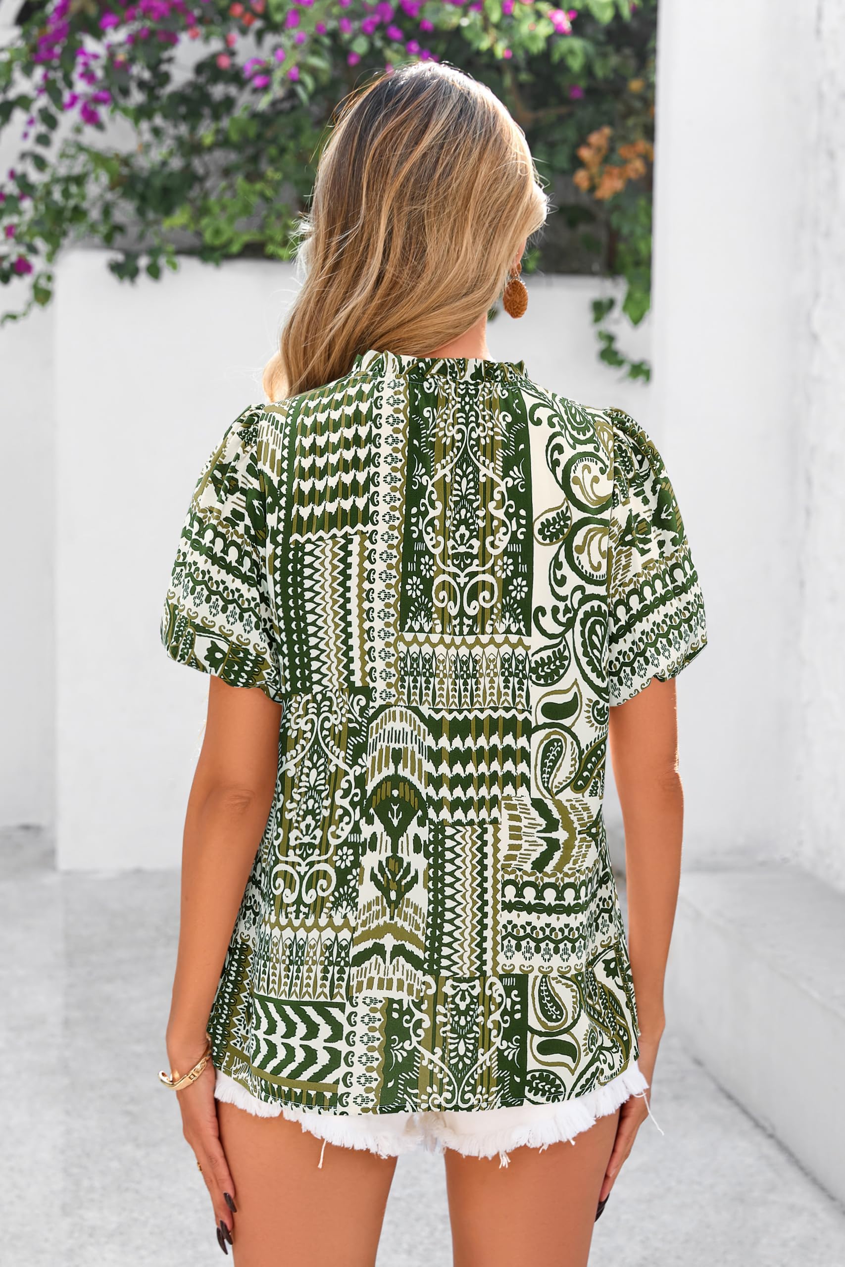 PRETTYGARDEN Boho Short Sleeve Floral Work Blouses for Women Dressy Casual V Neck Puff Sleeve Loose Chiffon Flowy Tops Shirts