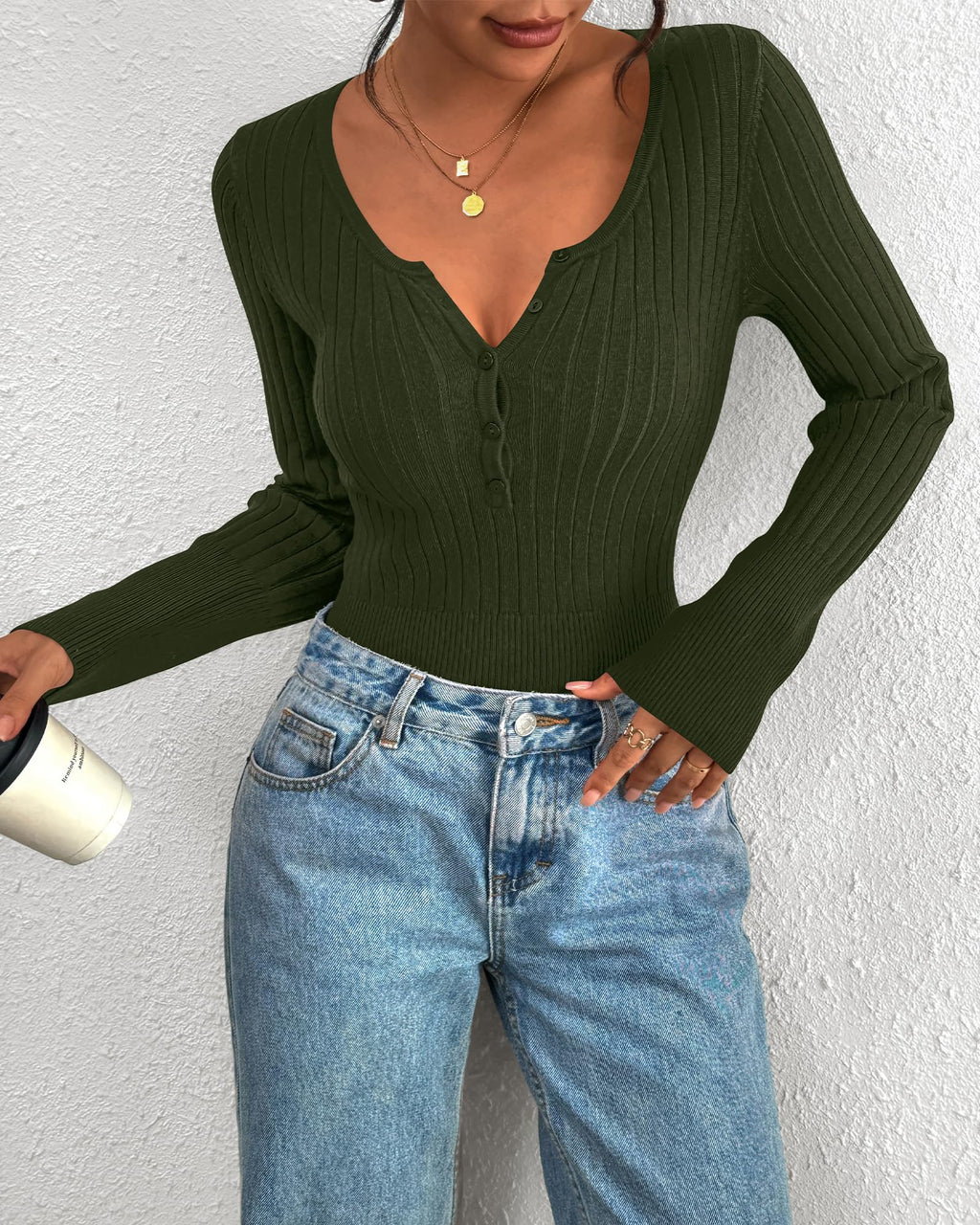 FreshPretty Fall Sweaters for Women Lightweight Long Sleeve Henley Shirts Button Up Knit Basic Slim Fit Going Out Tops