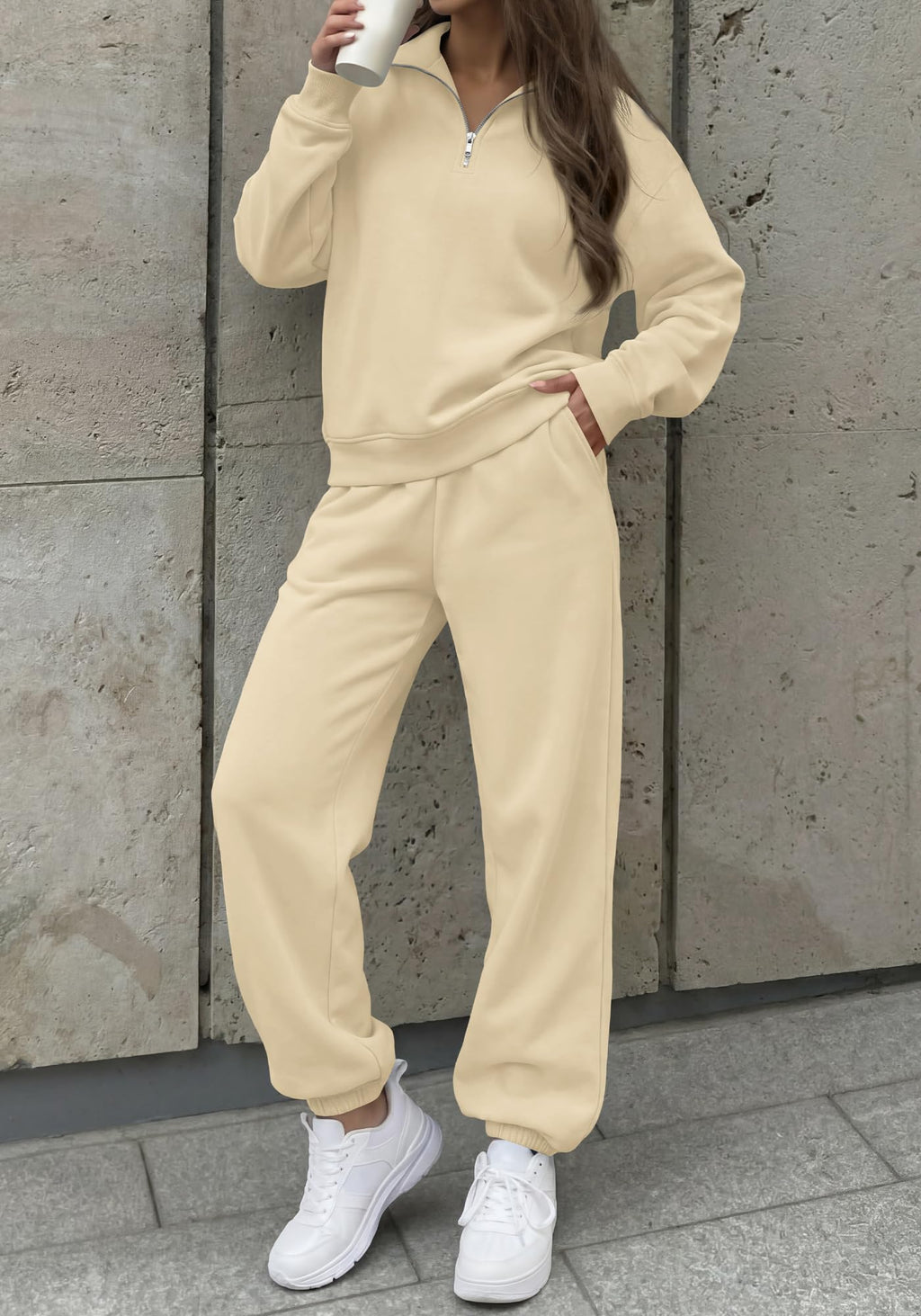 BTFBM Womens 2 Piece Outfits Sweatsuit Fleece Lounge Sets Quarter Zip Pullover Sweatshirt,Baggy Jogger Sweatpants,Fall Fashion Clothing,Airport Travel Matching Sweat Set