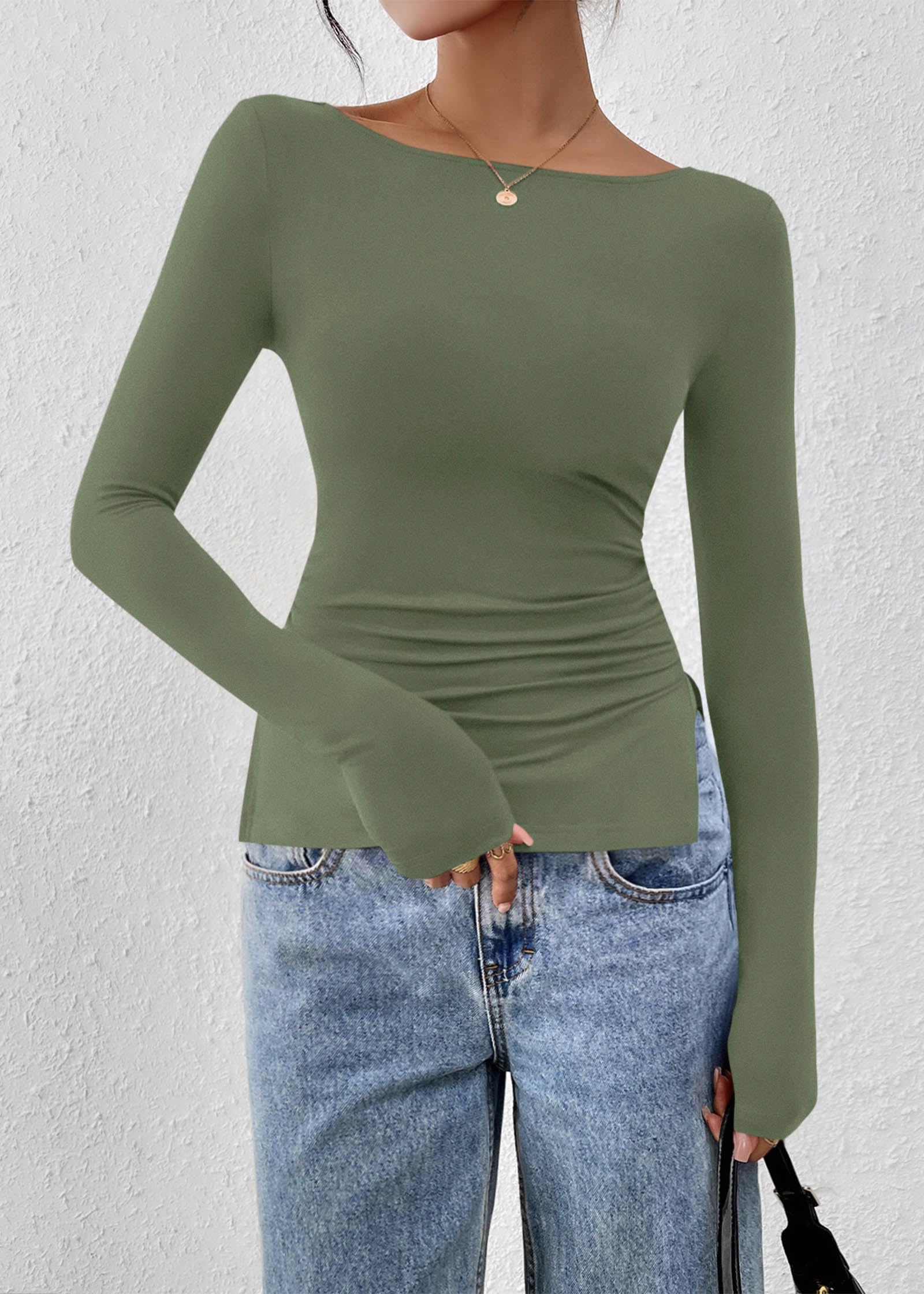FreshPretty Long Sleeve Shirts for Women Fall Casual Boat Neck Knit Workout Going Out Tops Fitted Side Slit Basic Tees