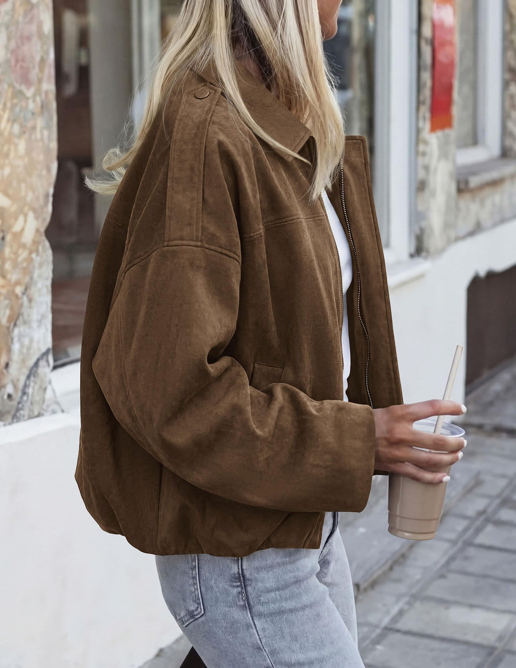 PRETTYGARDEN Women's Faux Suede Cropped Bomber Jacket | Long Sleeve Zip Up Casual Going Out Jackets Coat, Oversized Loose Fit Western Outfits, Trendy Outerwear, Fall Clothes