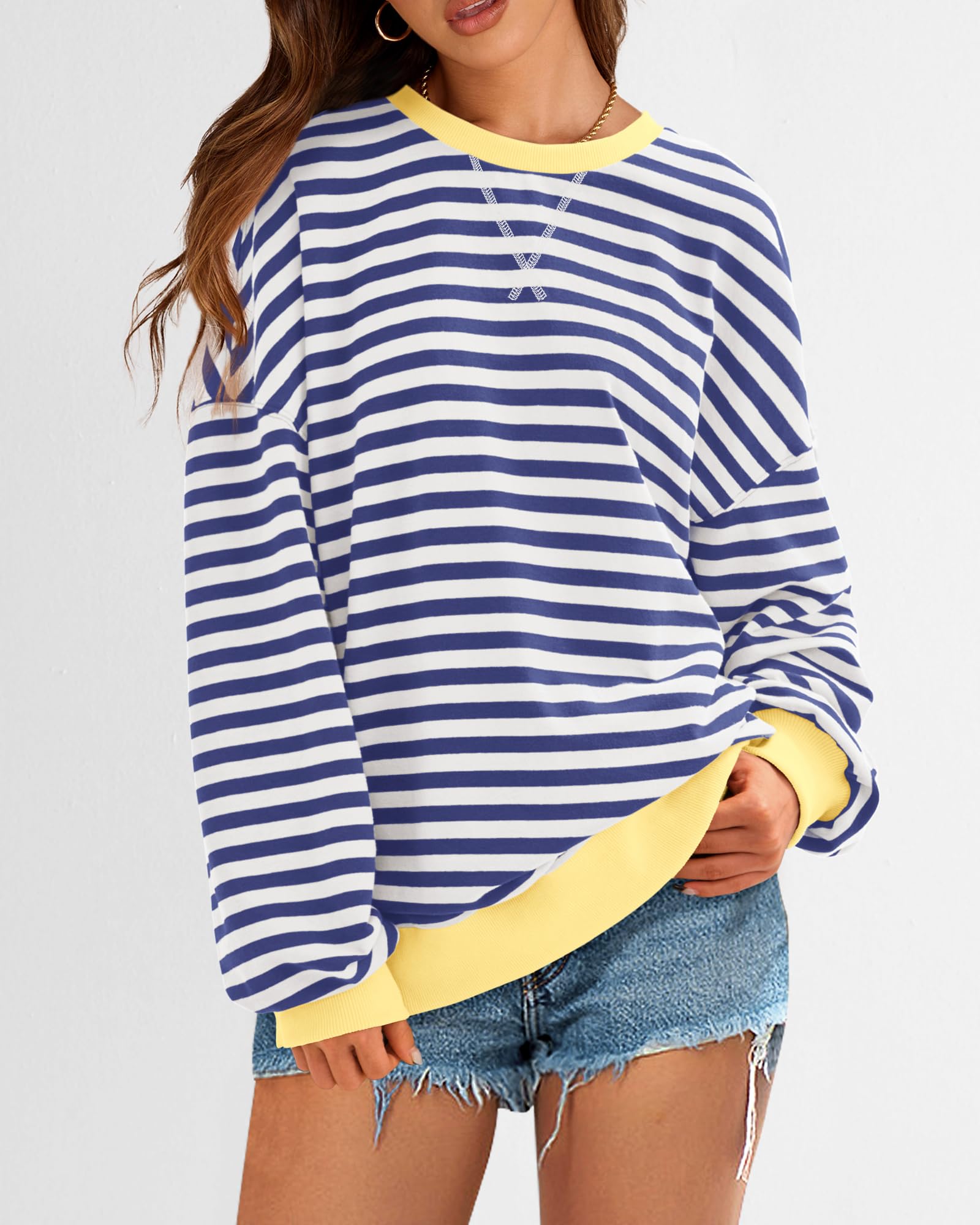 BTFBM Sweatshirt For Women Summer Crewneck Long Sleeve Oversized Striped Pullover Tops Y2K Clothes Workout Shirt