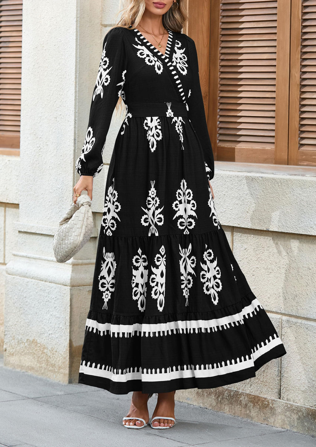 PRETTYGARDEN Women's Fall Wedding Guest Dresses Boho Floral Long Sleeve V Neck Flowy Elegant Maxi Dress Beach Clothes
