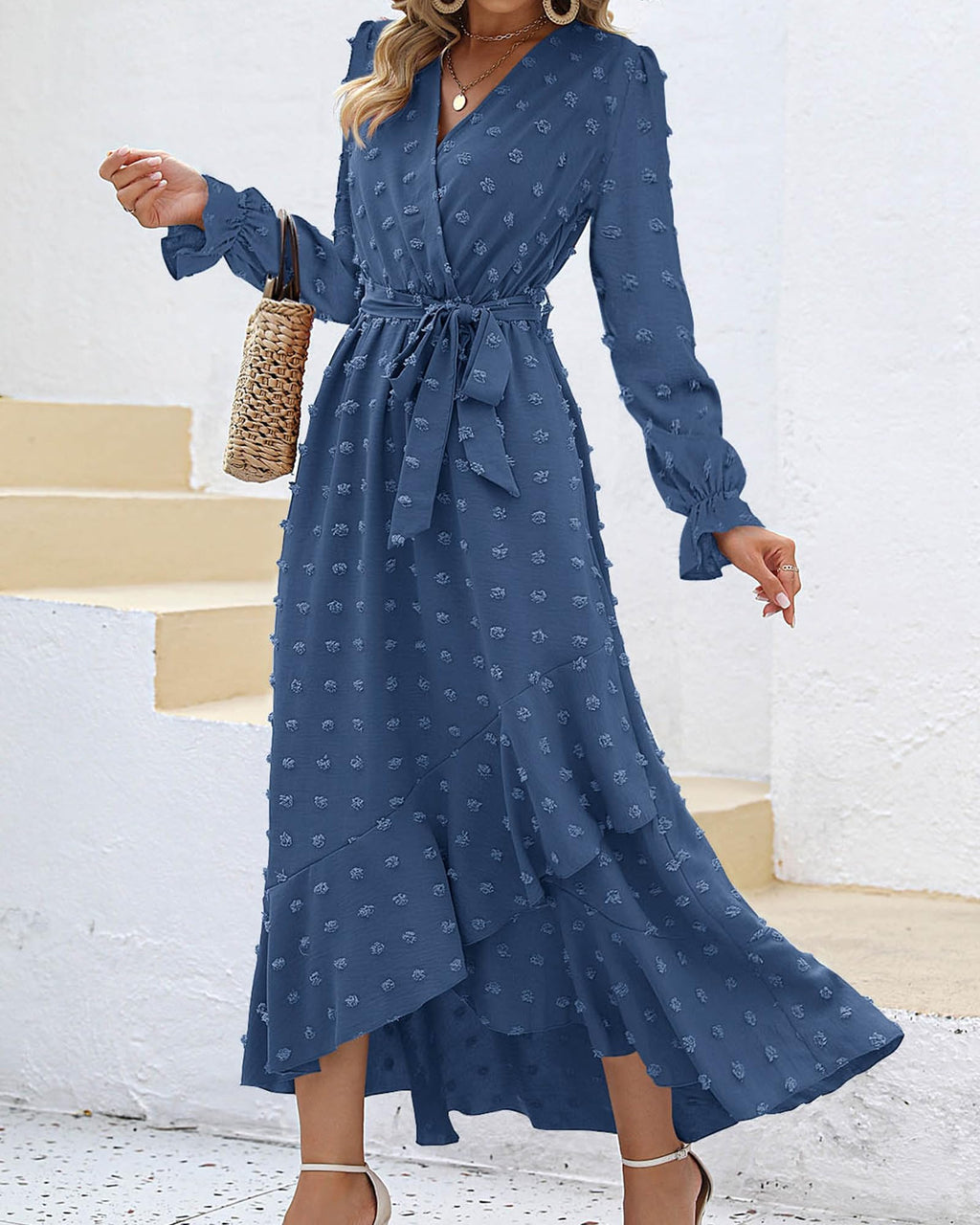 FreshPretty Long Sleeve Maxi Dresses for Women V Neck Swiss Dot Boho Flowy Slit Cocktail Wedding Guest Dress Fall Clothes