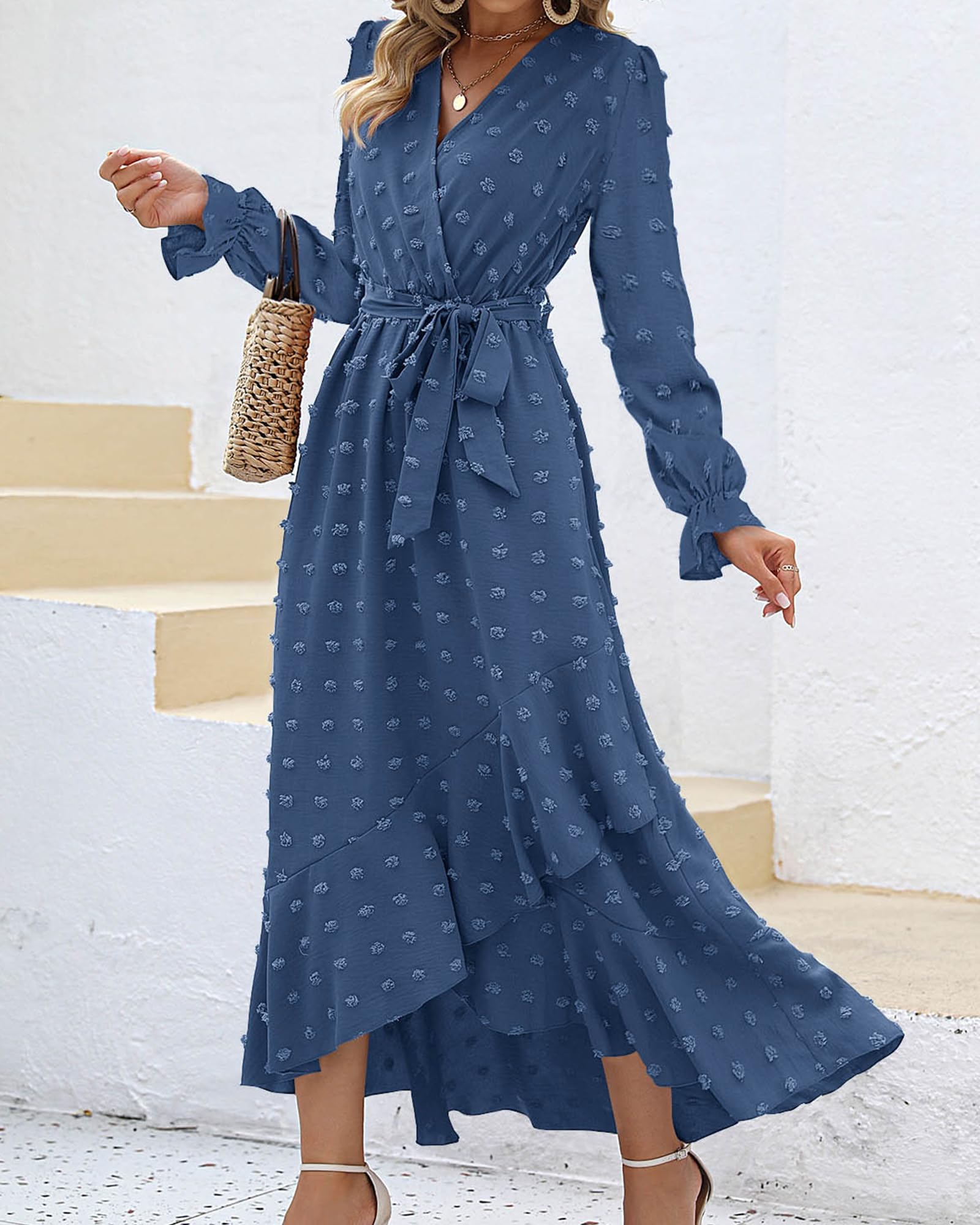 FreshPretty Long Sleeve Maxi Dresses for Women V Neck Swiss Dot Boho Flowy Slit Cocktail Wedding Guest Dress Fall Clothes