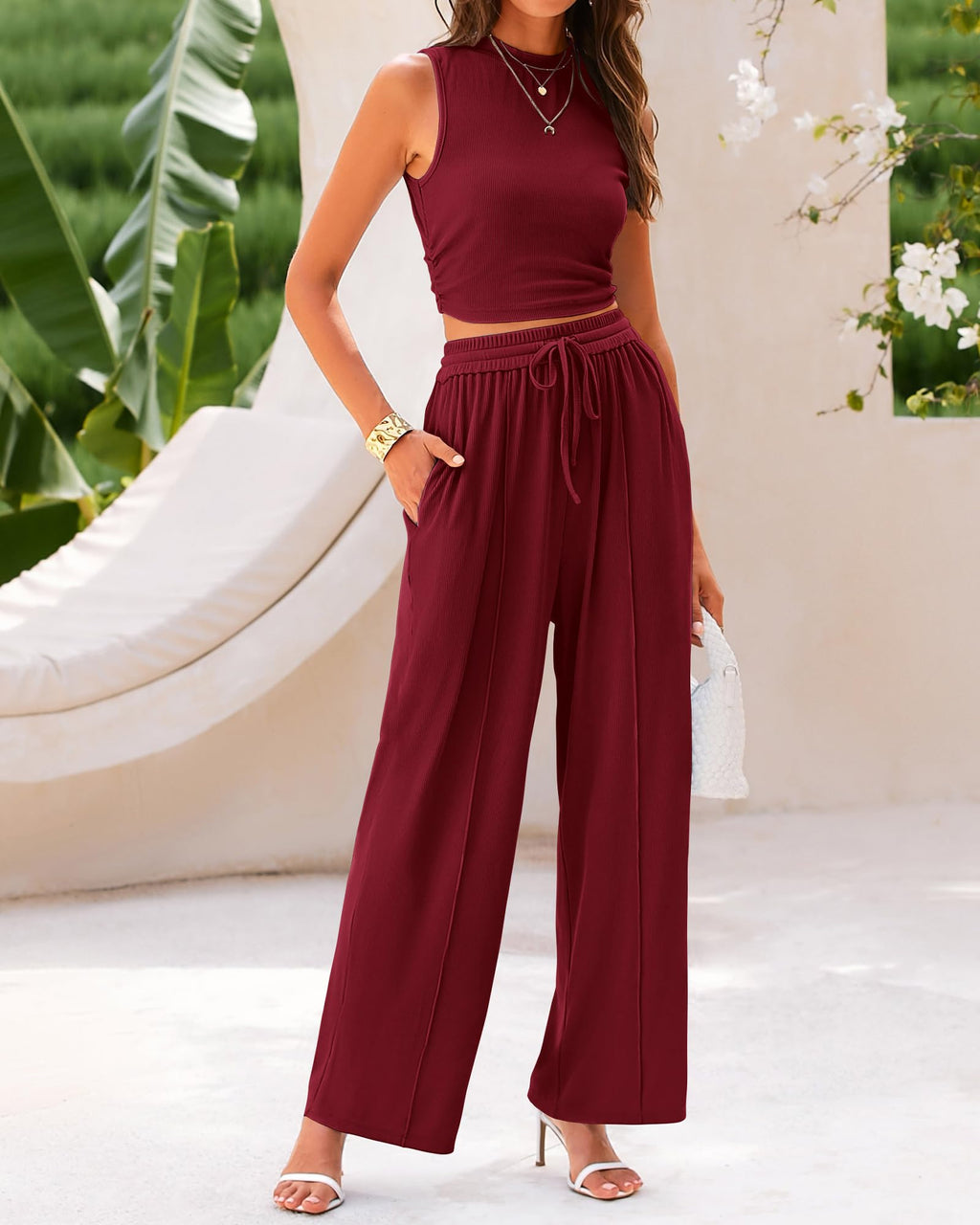 BTFBM Summer Outfits For Women Cropped Sleeveless Tank Tops Wide Leg Pants 2 Piece Sets Beach Lounge Set Clothing
