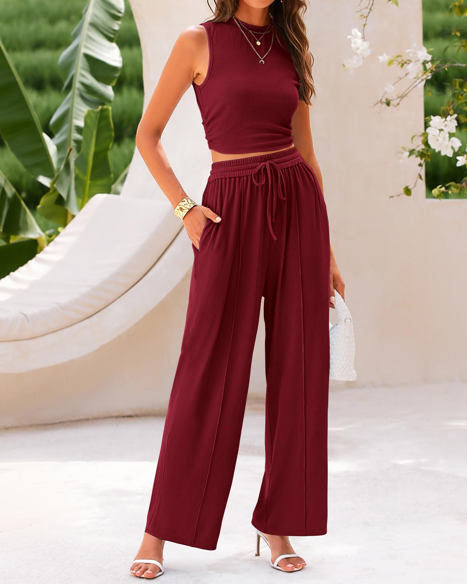 BTFBM Summer Outfits For Women Cropped Sleeveless Tank Tops Wide Leg Pants 2 Piece Sets Beach Lounge Set Clothing