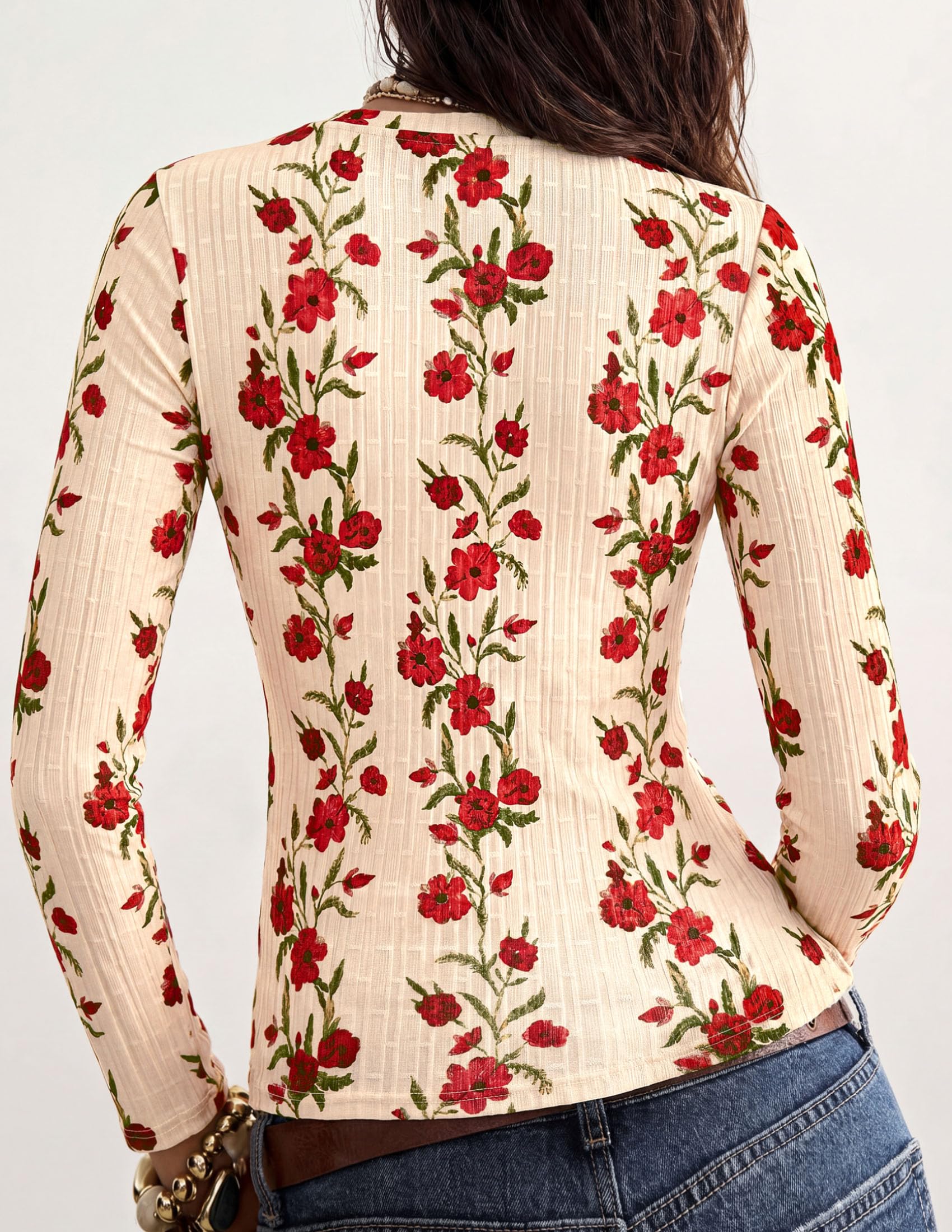 PRETTYGARDEN Womens Long Sleeve Shirts Floral Y2K Tops Soft Lightweight Ribbed Knit Top,Fitted Waist,Crew Neck Slim Fit,Going Out Vacation Outfits,Layering Fall Winter Clothes