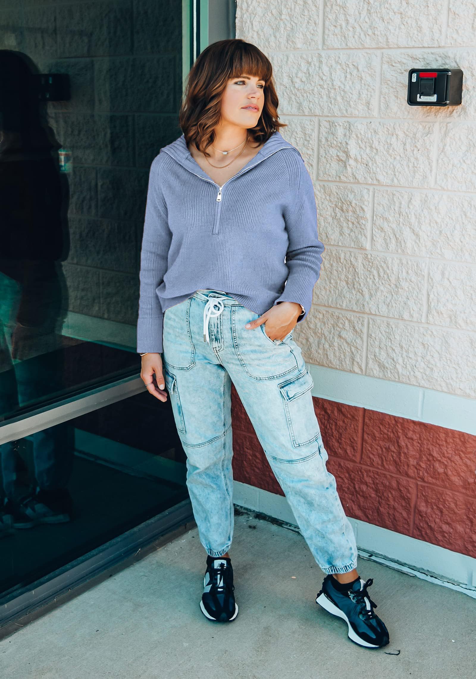 FreshPretty Womens Sweaters Quarter Zip Pullover V Neck Collar Long Sleeve Ribbed Knit Loose Casual Winter Fall Sweater