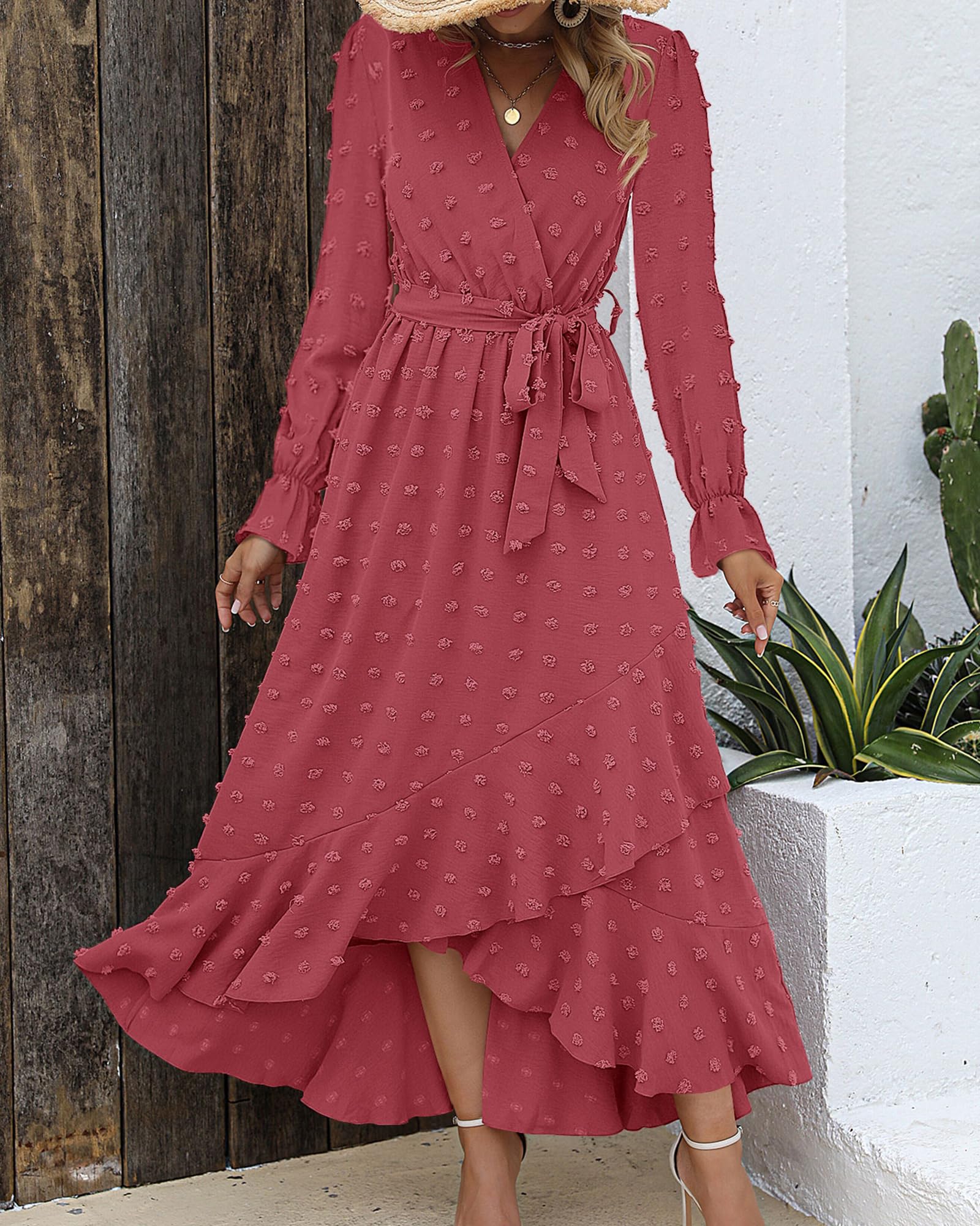 FreshPretty Long Sleeve Maxi Dresses for Women V Neck Swiss Dot Boho Flowy Slit Cocktail Wedding Guest Dress Fall Clothes