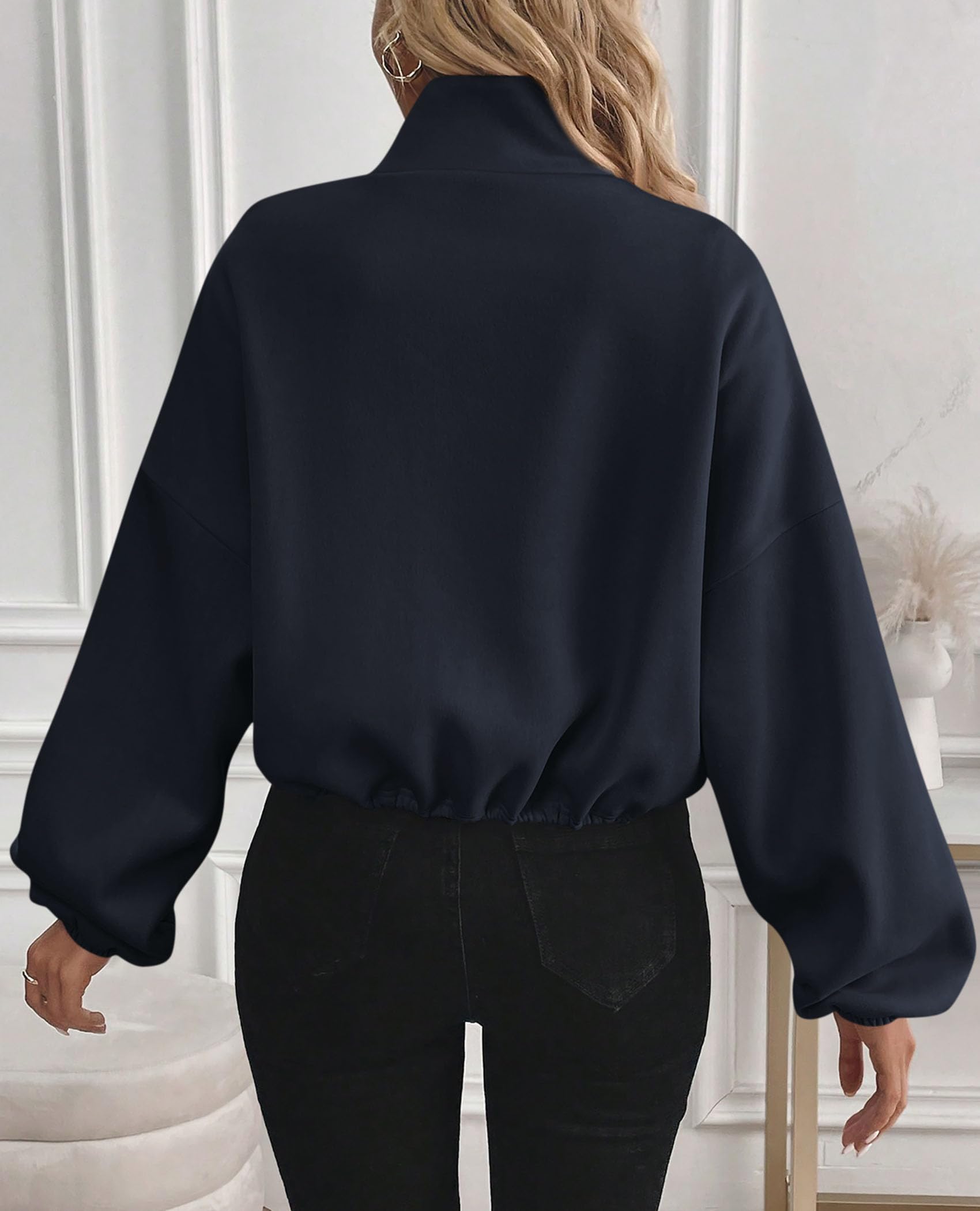 PRETTYGARDEN Womens Zip Up Fleece Cropped Sweatshirt Jacket Oversized Loose Soft Stand Collar with Drawstring Hem, Long Sleeve Casual Coat With Pockets, Fall Outfits Winter Clothing