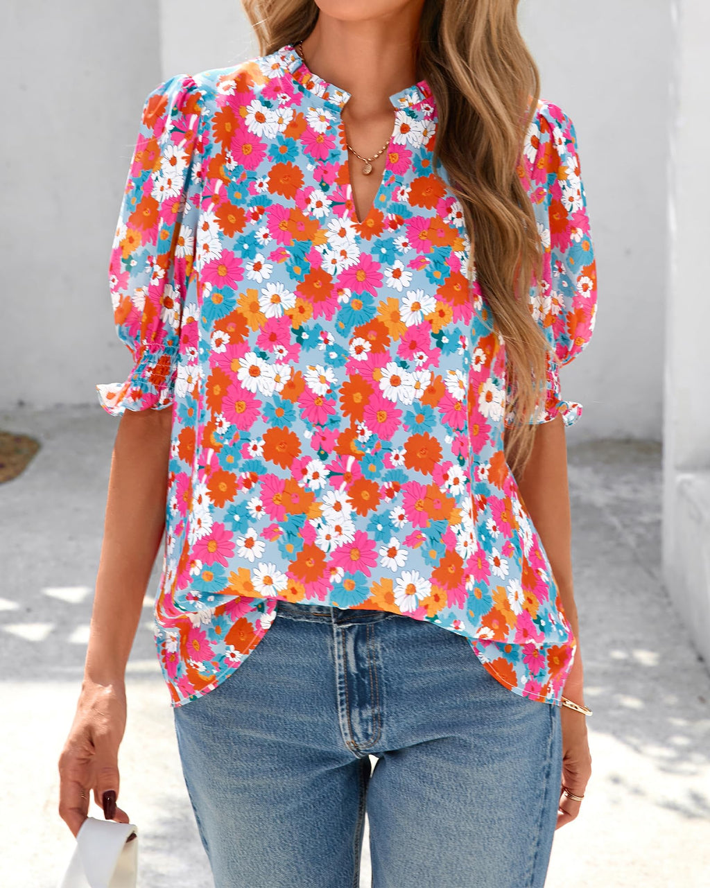 BTFBM Summer Blouses for Women Dressy Casual Fashion Spring Tops Floral Boho V Neck Puff Short Sleeve Top Shirts