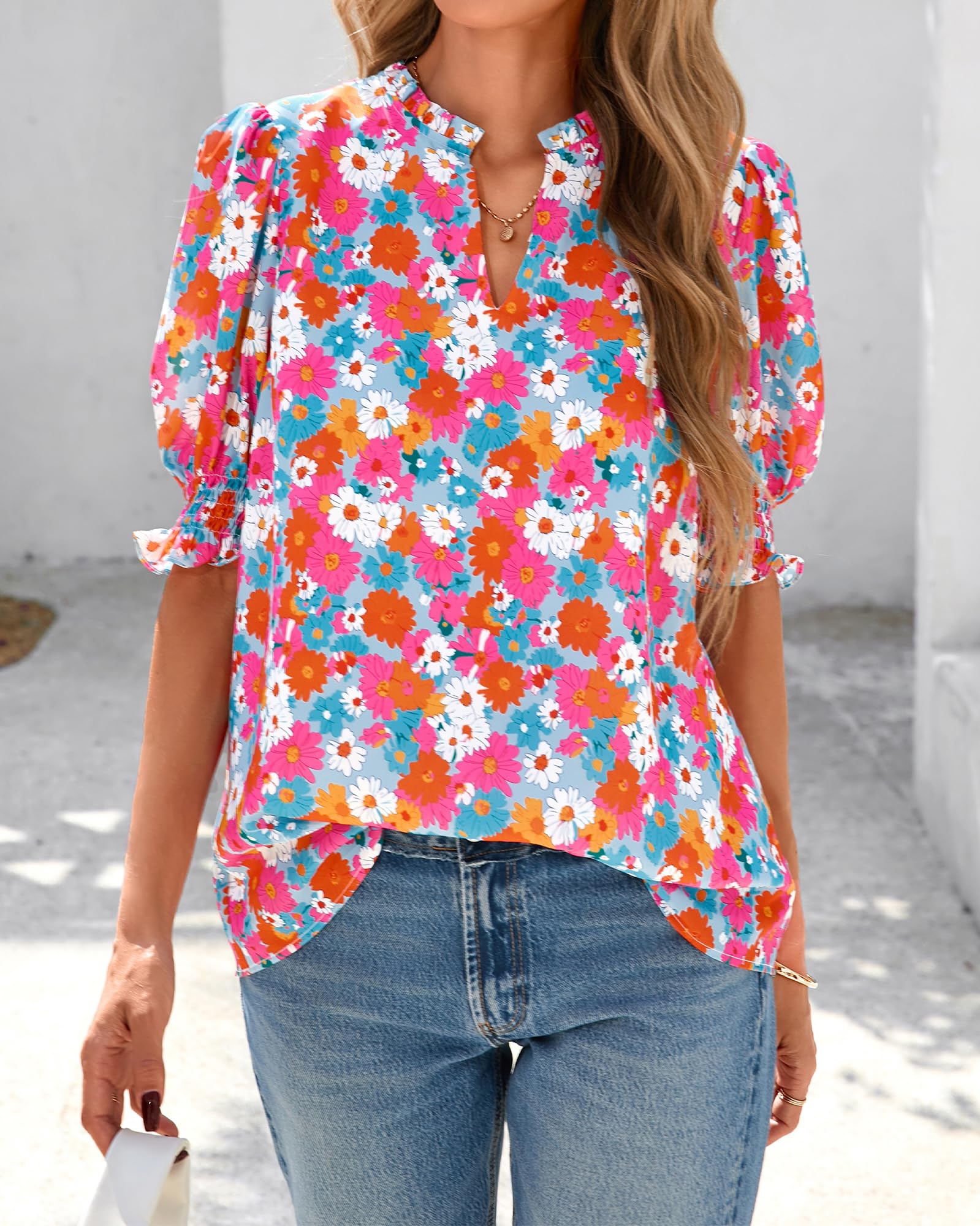 BTFBM Summer Blouses for Women Dressy Casual Fashion Spring Tops Floral Boho V Neck Puff Short Sleeve Top Shirts