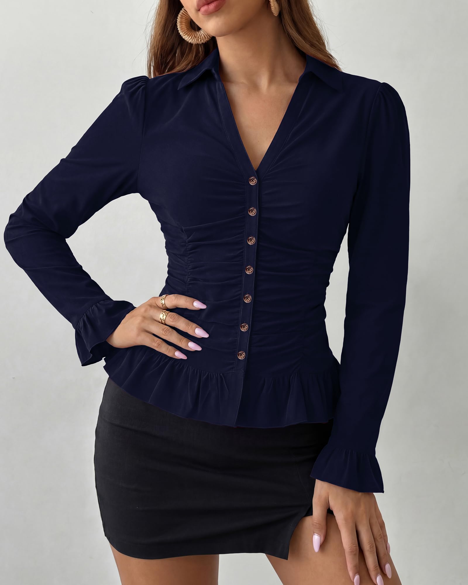 BTFBM Fitted Button Down Shirts for Women Dressy Casual Tops Collar V Neck Long Sleeve Ruched Tops, Stretchy Ruffle Blouses, Fall Fashion Clothing, Work Date Night Going Out Outfits