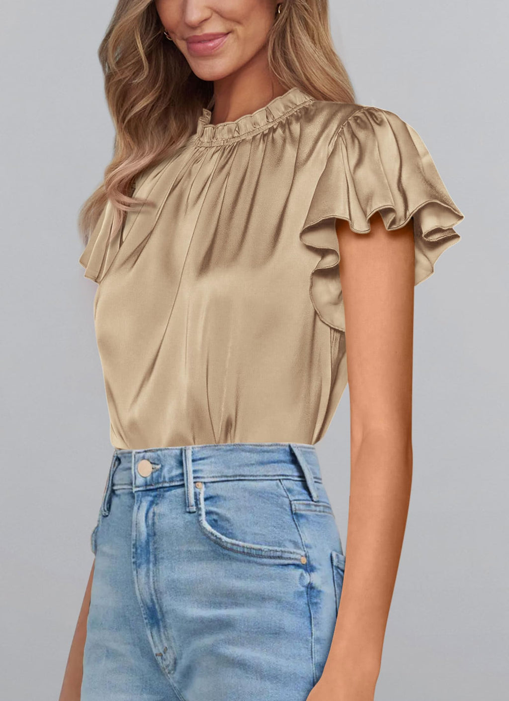PRETTYGARDEN Business Casual Tops for Women Blouses Dressy  Summer Short Sleeve Ruffle Satin Work Office Attire