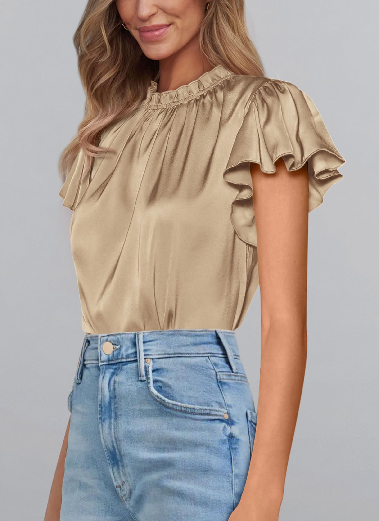 PRETTYGARDEN Business Casual Tops for Women Blouses Dressy  Summer Short Sleeve Ruffle Satin Work Office Attire