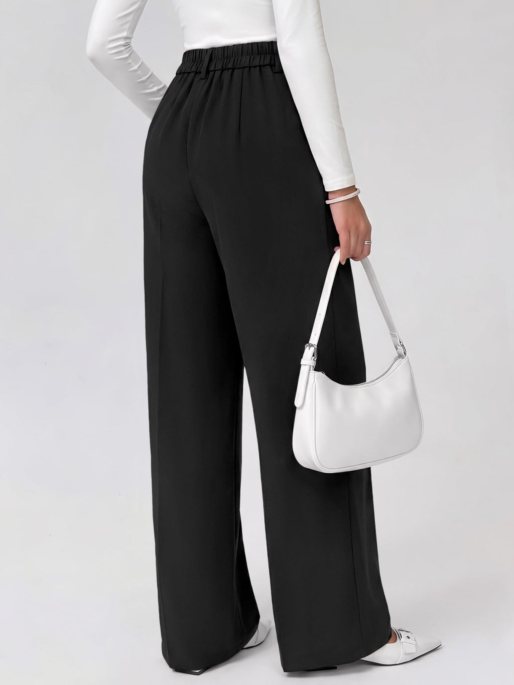 FreshPretty Fall Wide Leg Pants Woman Flowy High Waisted Slacks with Pockets, Comfy Palazzo, Business Casual Outfits, Work Clothes, Teacher Trousers Dressy, Zip Up, Button Closure, Elastic Back