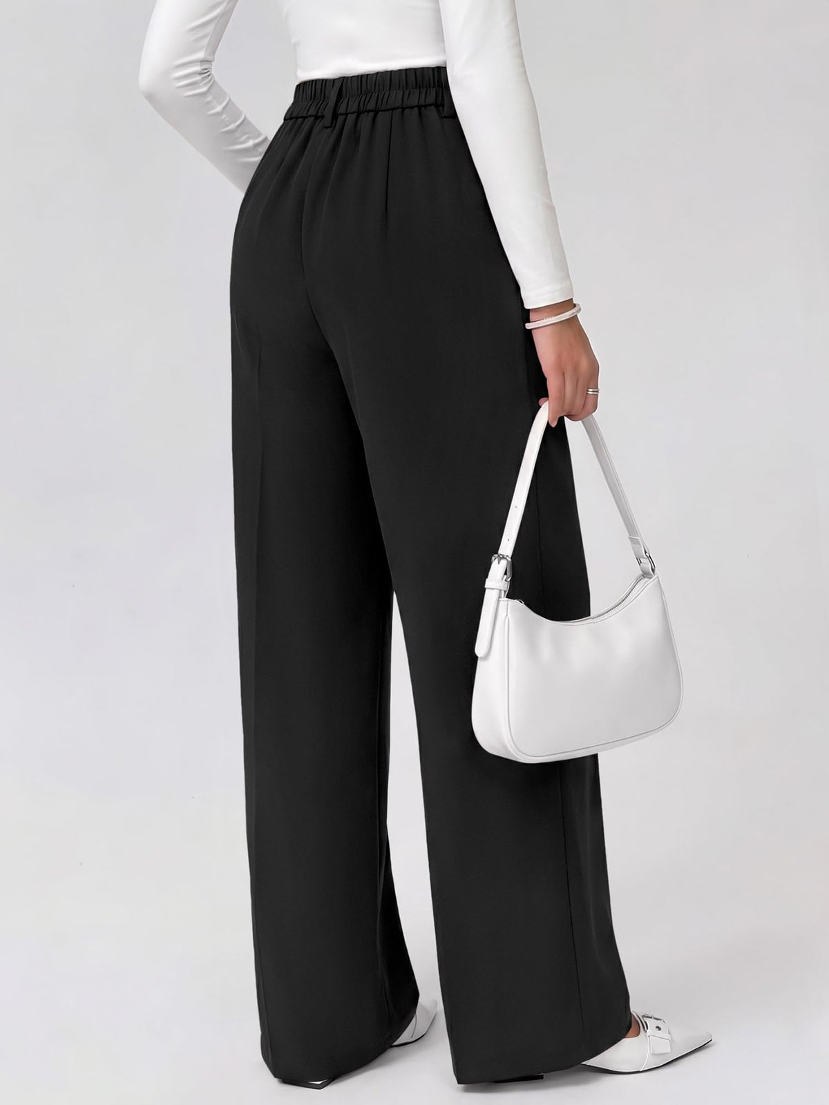 FreshPretty Fall Wide Leg Pants Woman Flowy High Waisted Slacks with Pockets, Comfy Palazzo, Business Casual Outfits, Work Clothes, Teacher Trousers Dressy, Zip Up, Button Closure, Elastic Back