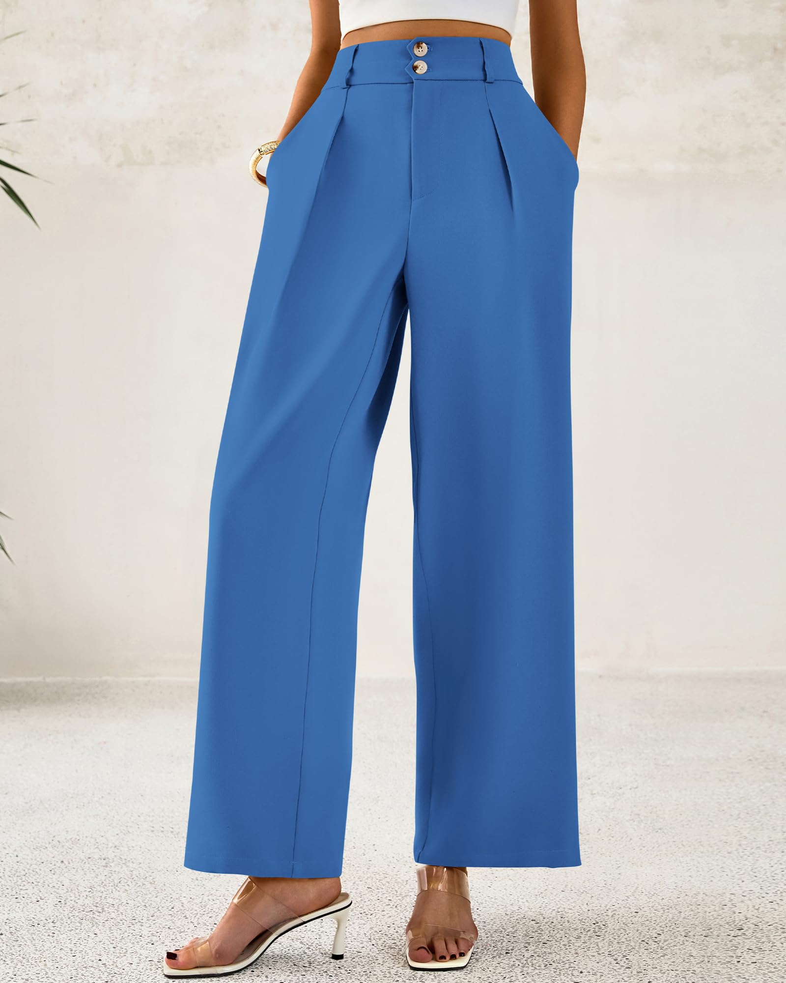 BTFBM Women Wide Leg Dress Pants High Waisted Button Pleated Business Casual Trousers Office Work Palazzo Pants