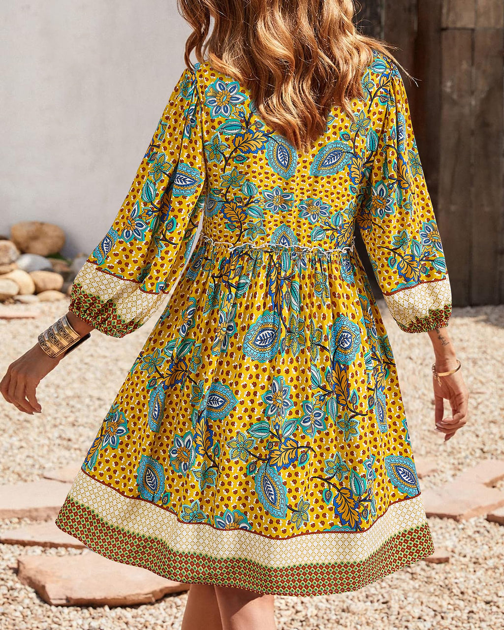 BTFBM Women Casual Spring Summer Dresses V Neck 3/4 Long Sleeve Ruffle Floral Flowy Boho Babydoll Mini Short Beach Dress