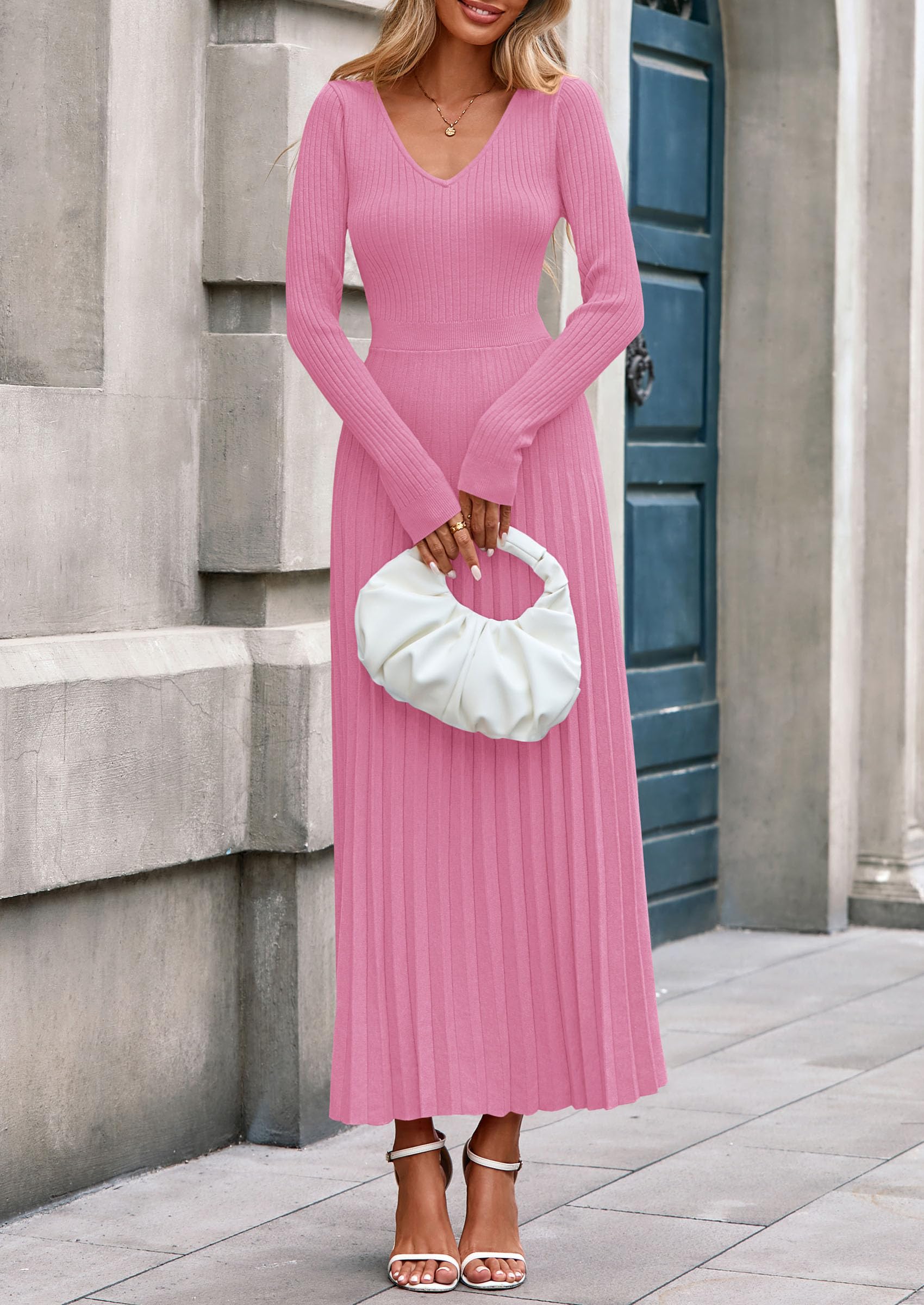 PRETTYGARDEN Women Sweater Dress Fall Fashion Long Sleeve V Neck Ribbed Knit Pleated A Line Elegant Maxi Winter Dresses